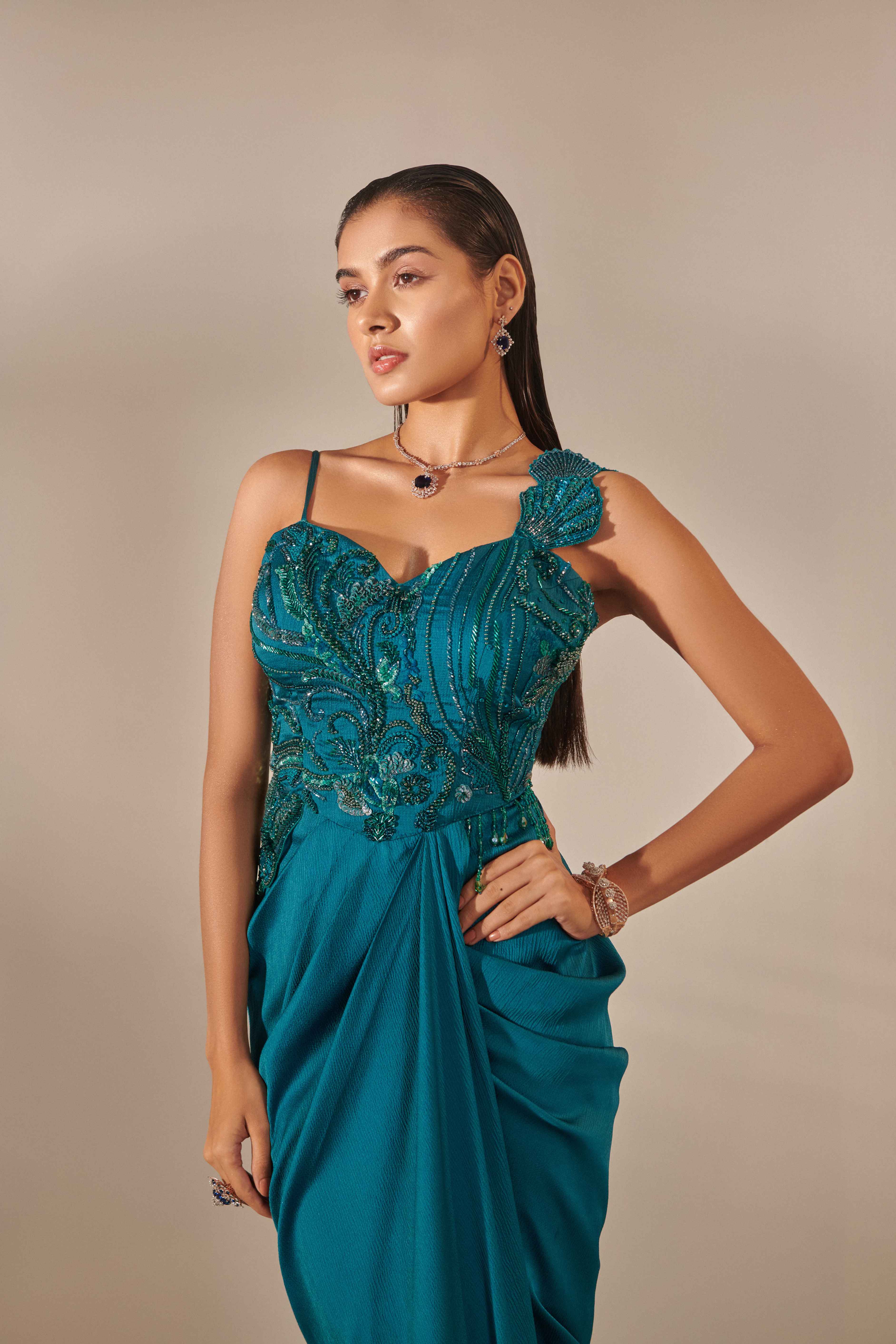 Teal Drape Gown Hand Embroidered