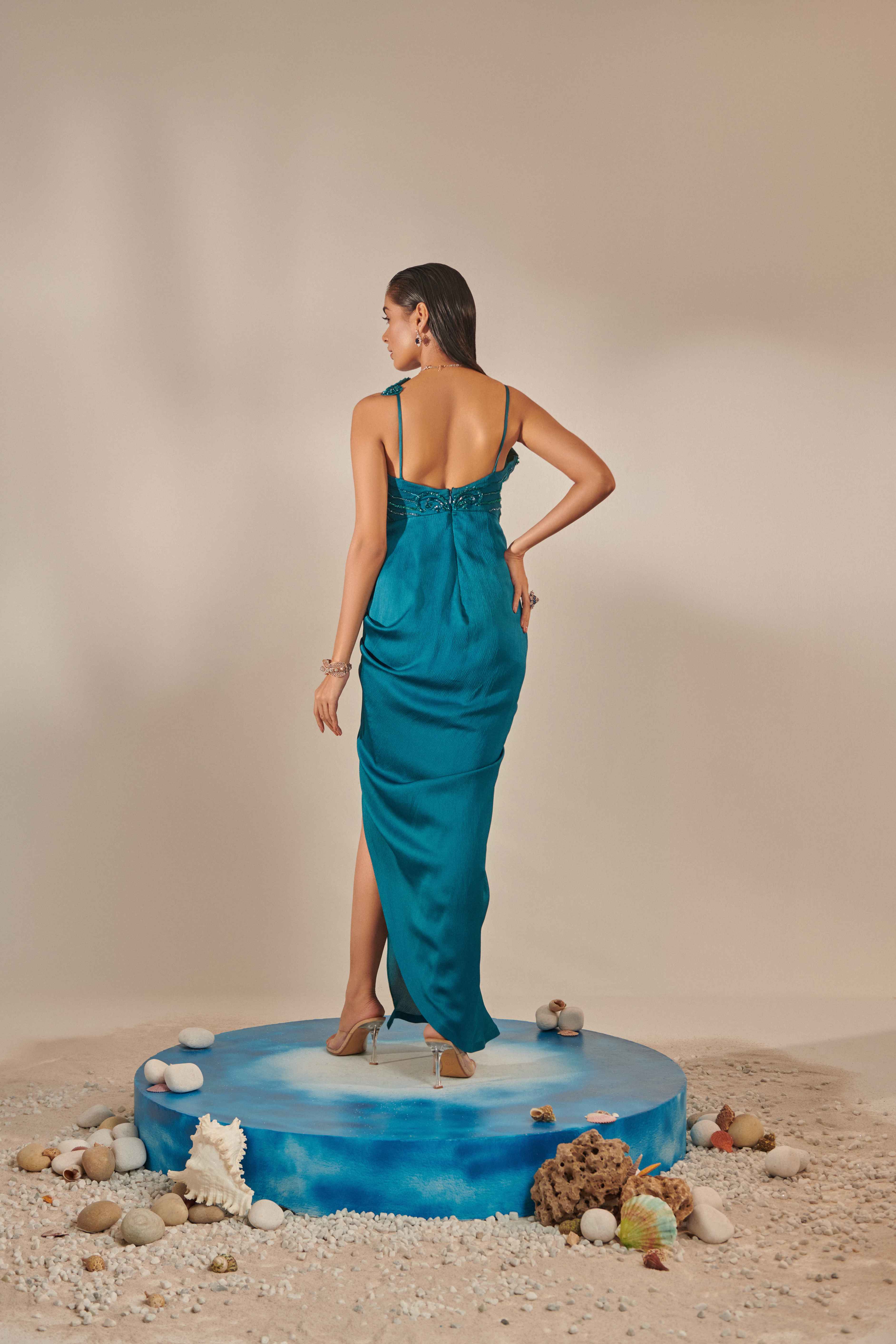 Teal Drape Gown Hand Embroidered