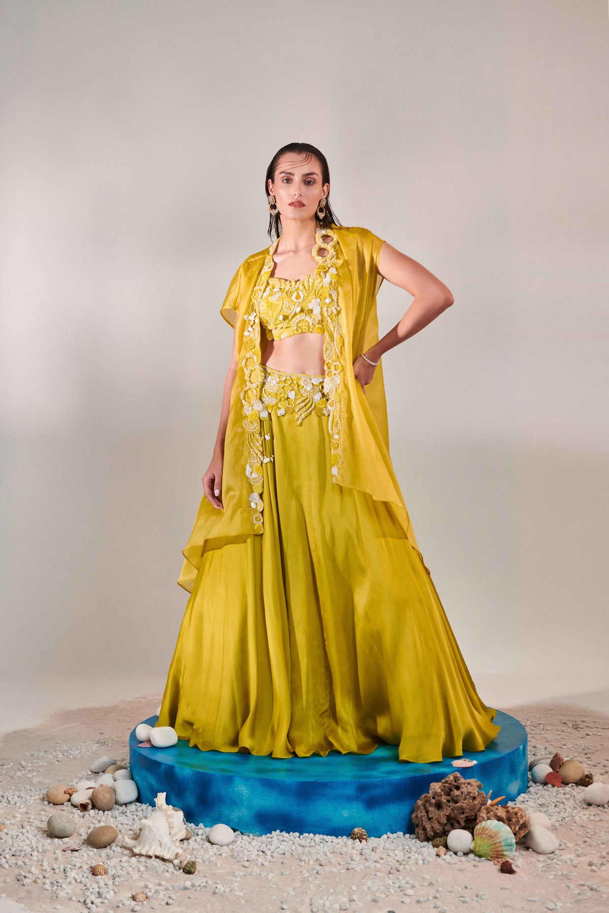 Cutwork Blouse Cape Lehenga Set
