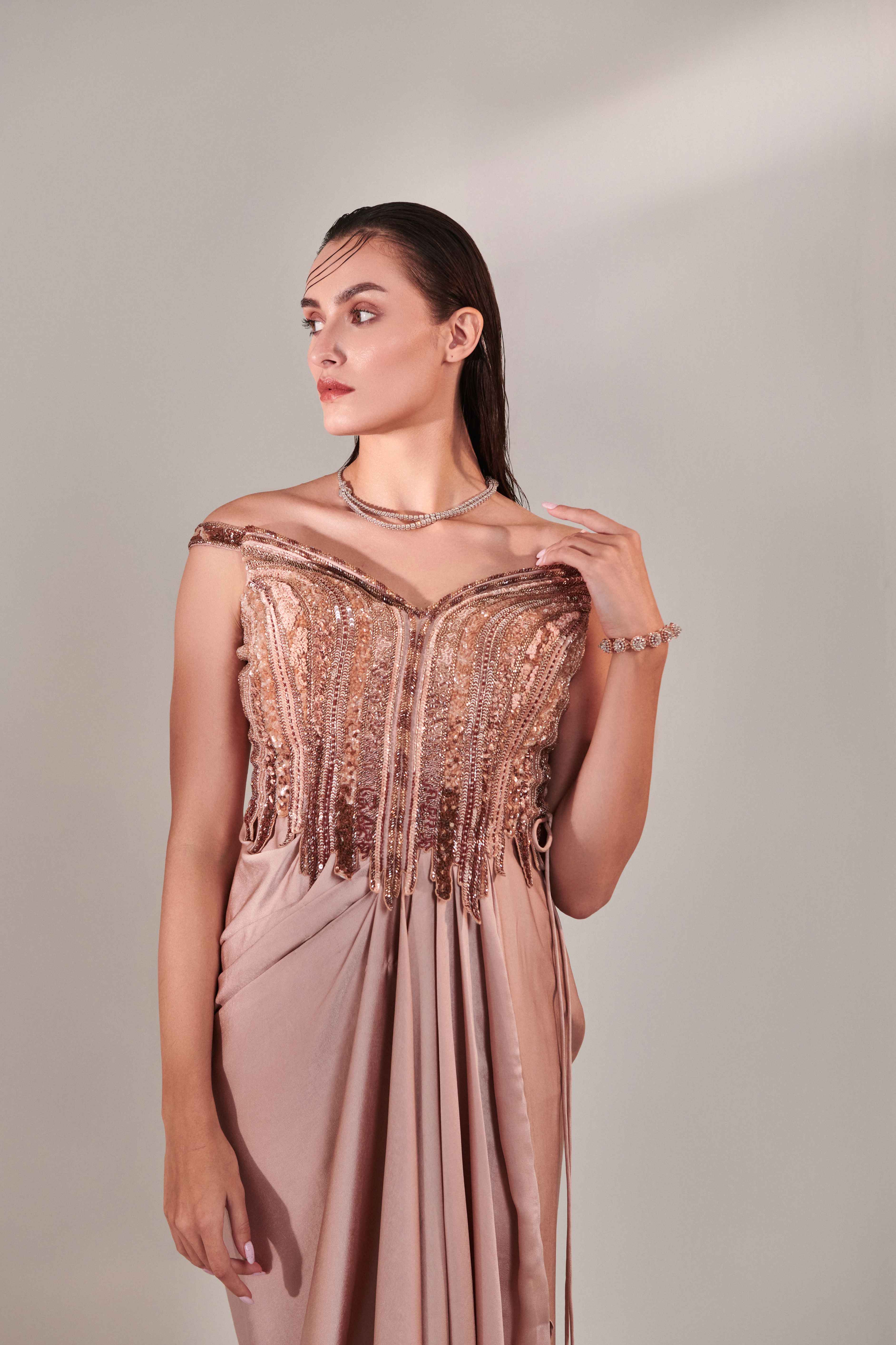 Nudish Pink Gradient Hand Embroidered Cutwork Detail Drape Gown