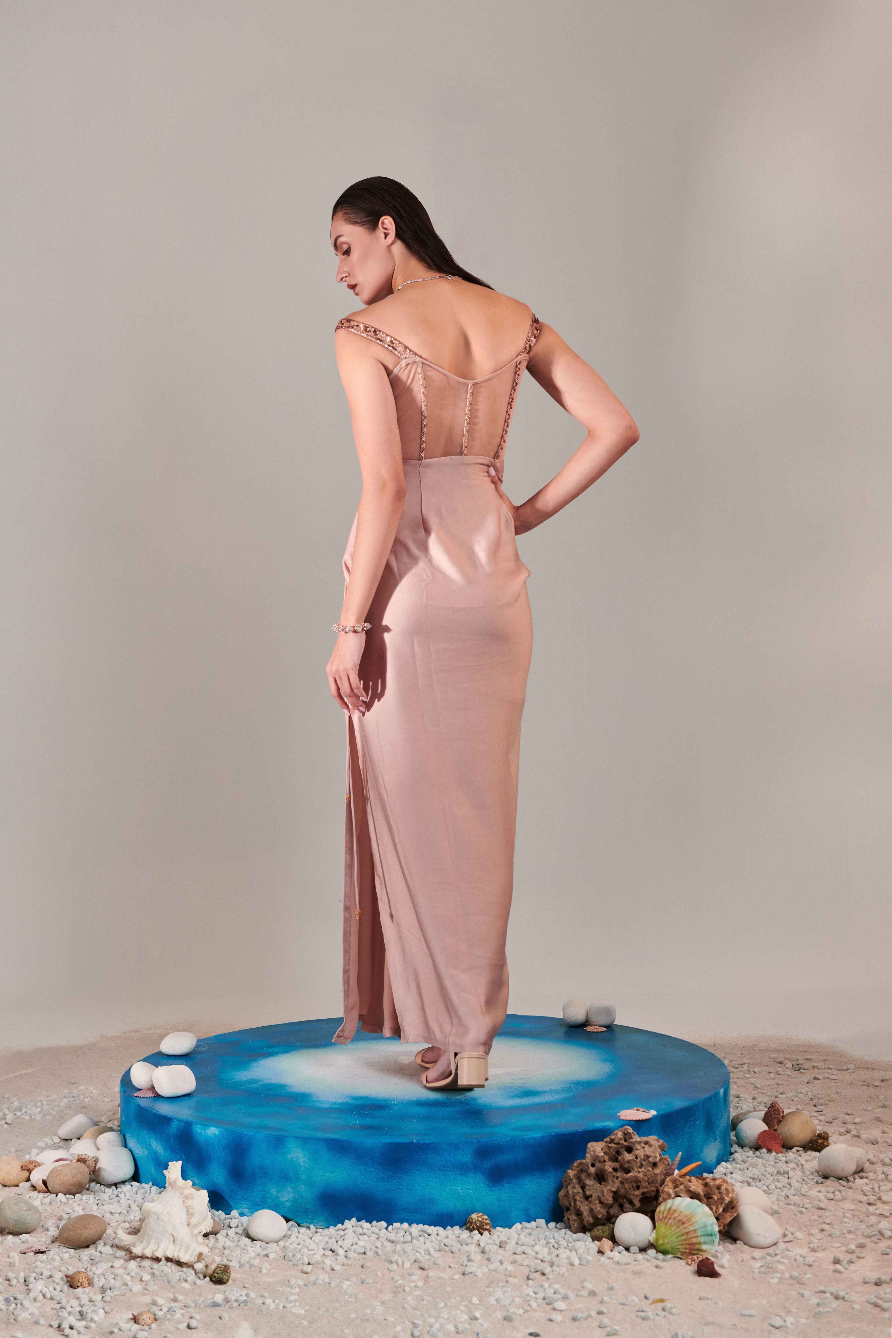 Nudish Pink Gradient Hand Embroidered Cutwork Detail Drape Gown