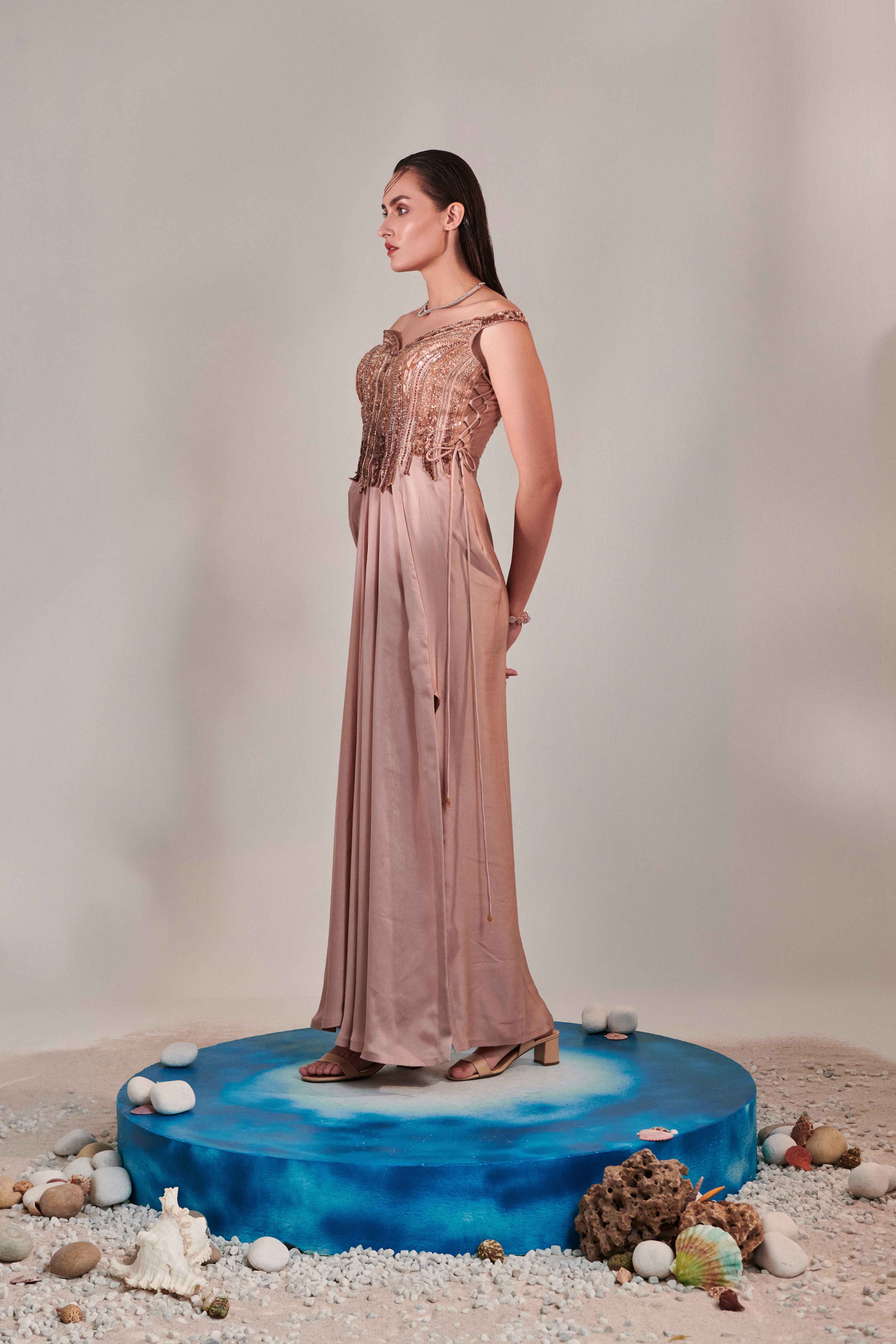 Nudish Pink Gradient Hand Embroidered Cutwork Detail Drape Gown