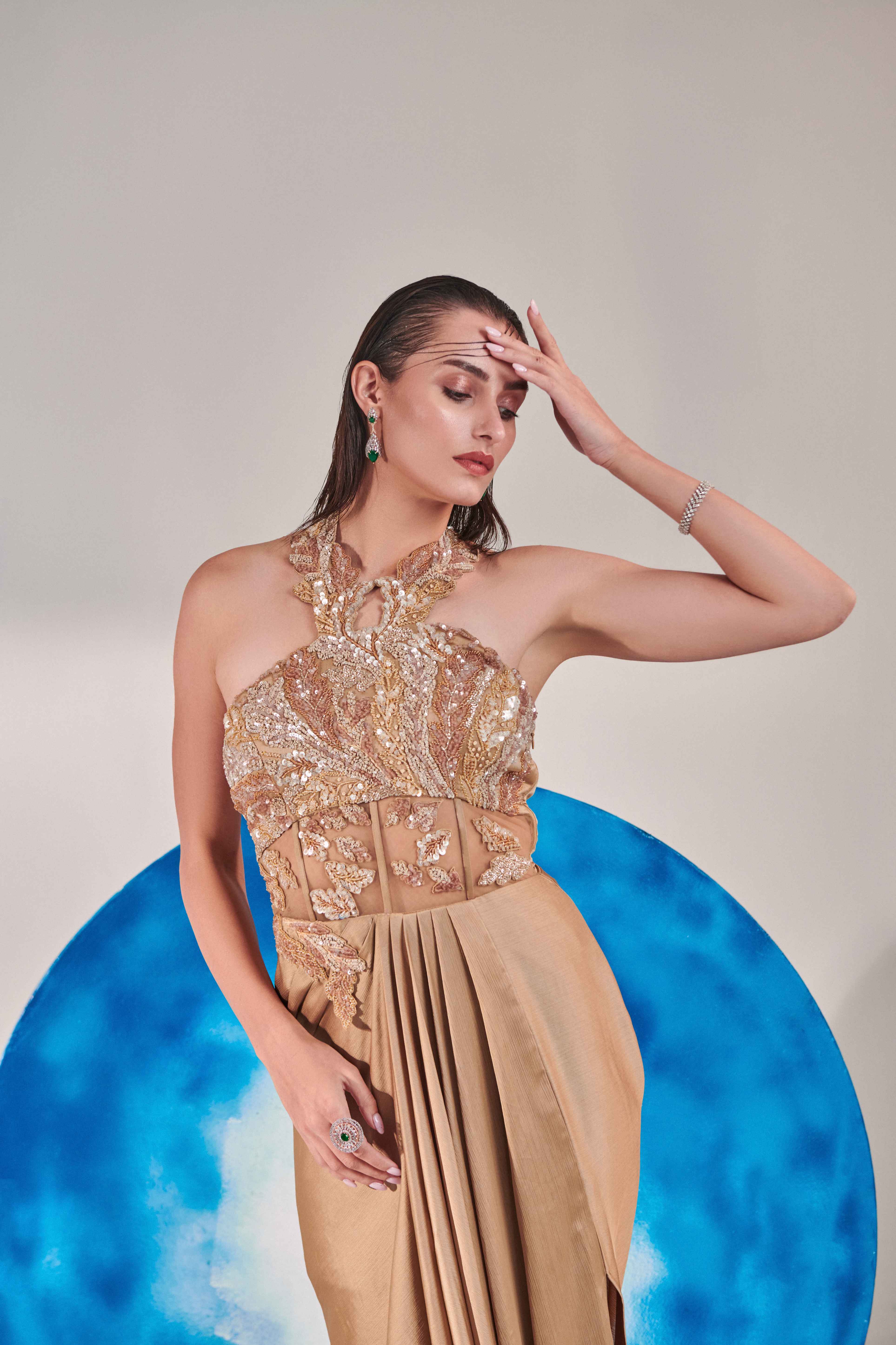 Champagne Gold Corset Halterneck Gown