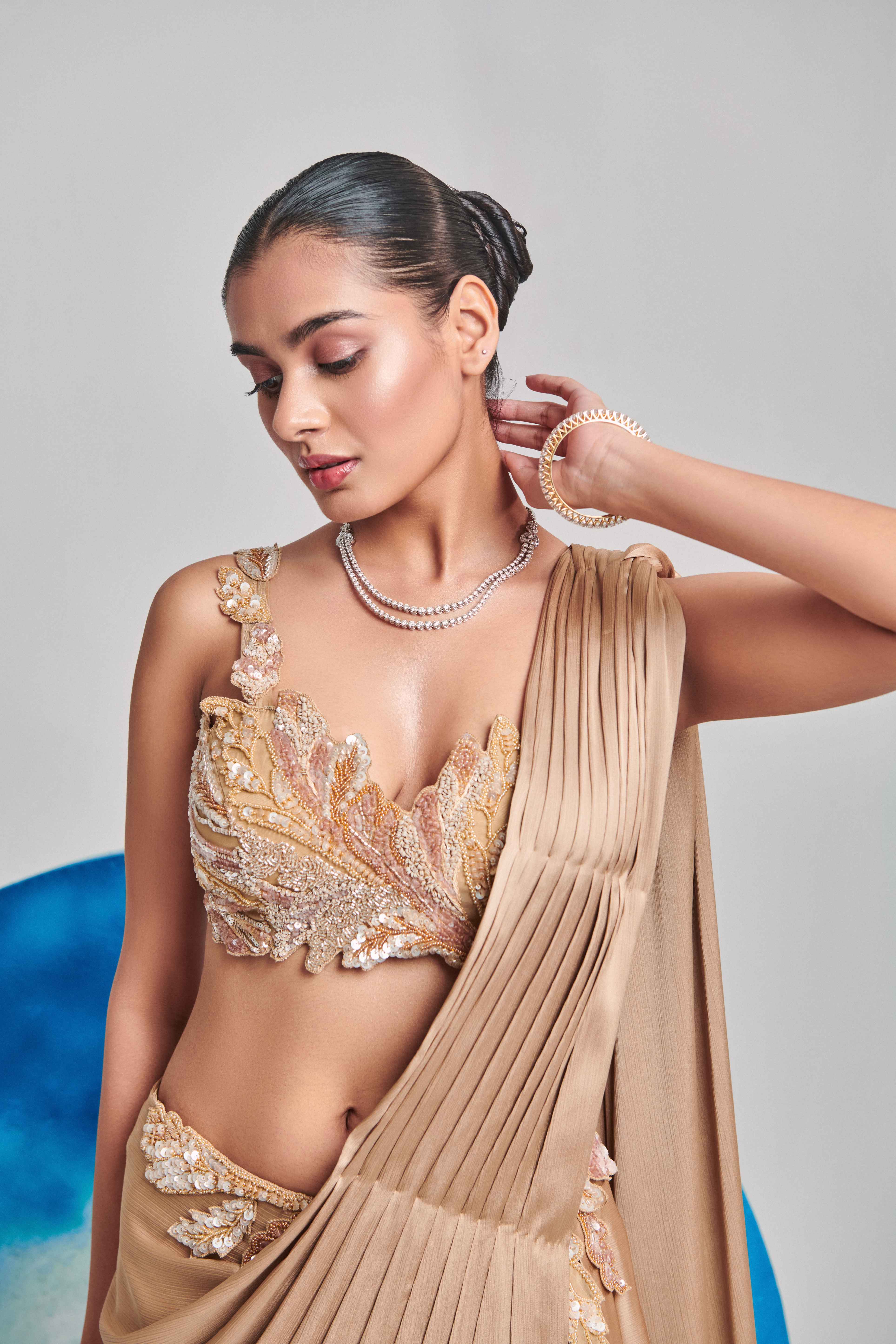 Champagne Gold Pre Stitch , Hand Pleated Drape Saree Set