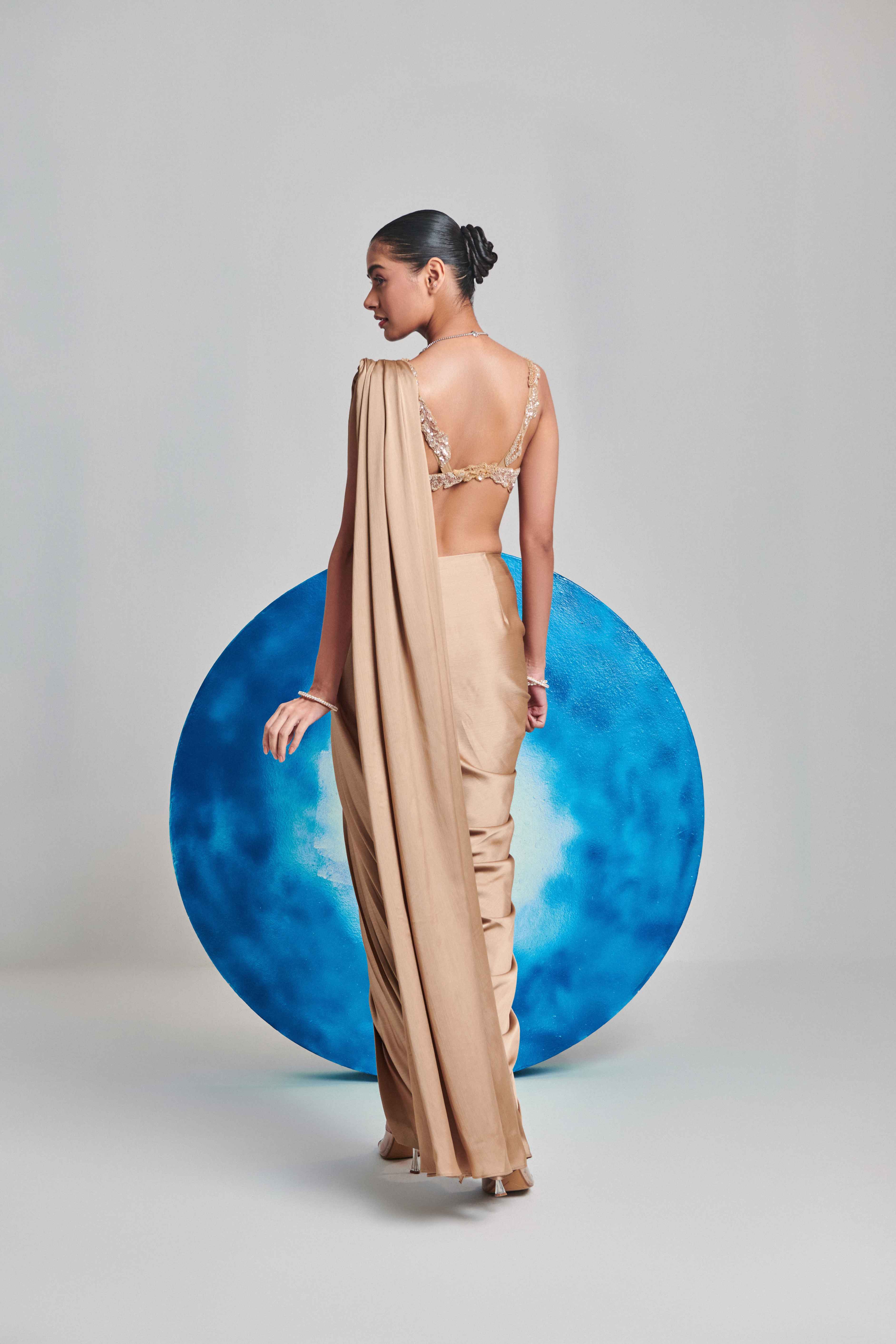 Champagne Gold Pre Stitch , Hand Pleated Drape Saree Set