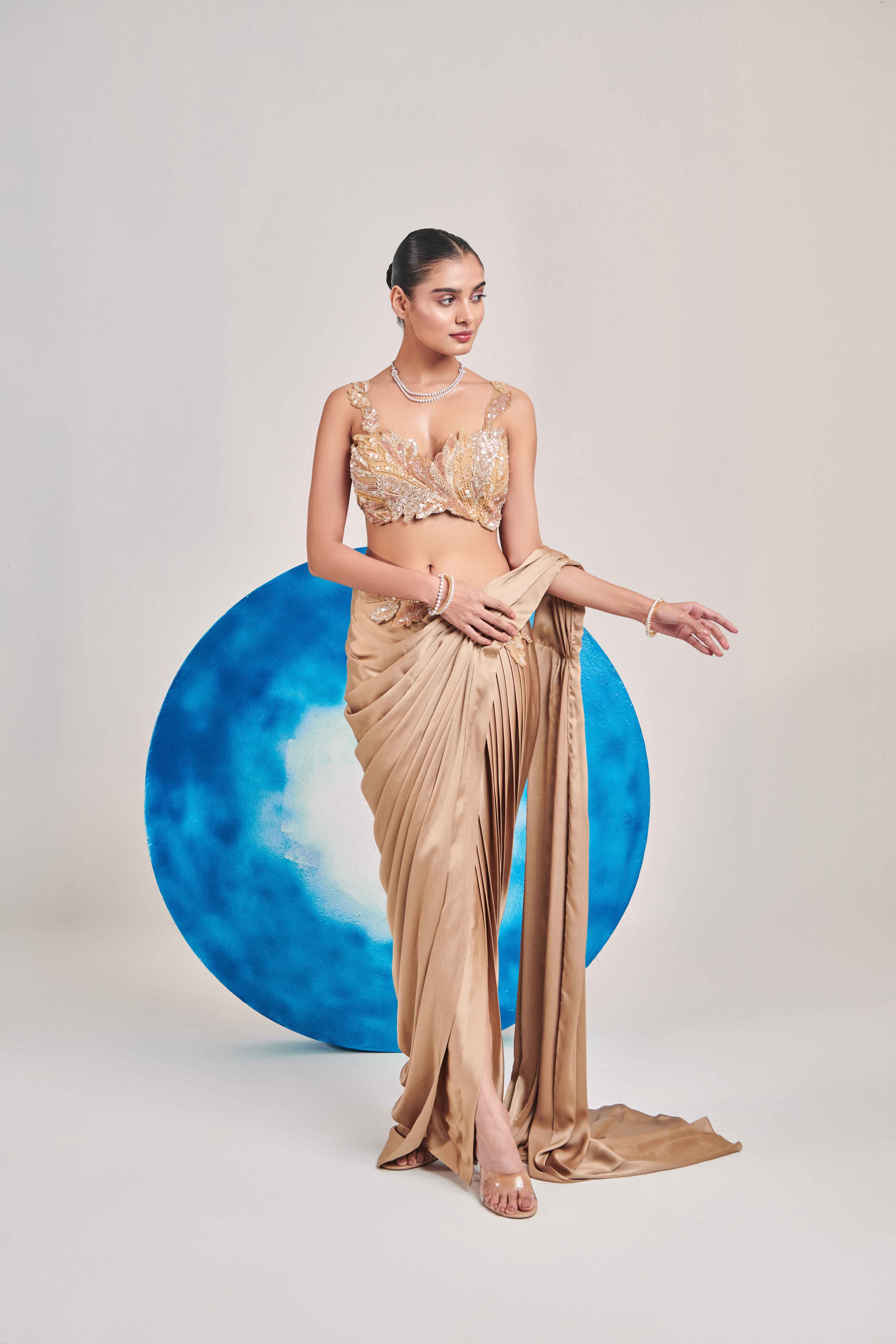 Champagne Gold Pre Stitch , Hand Pleated Drape Saree Set