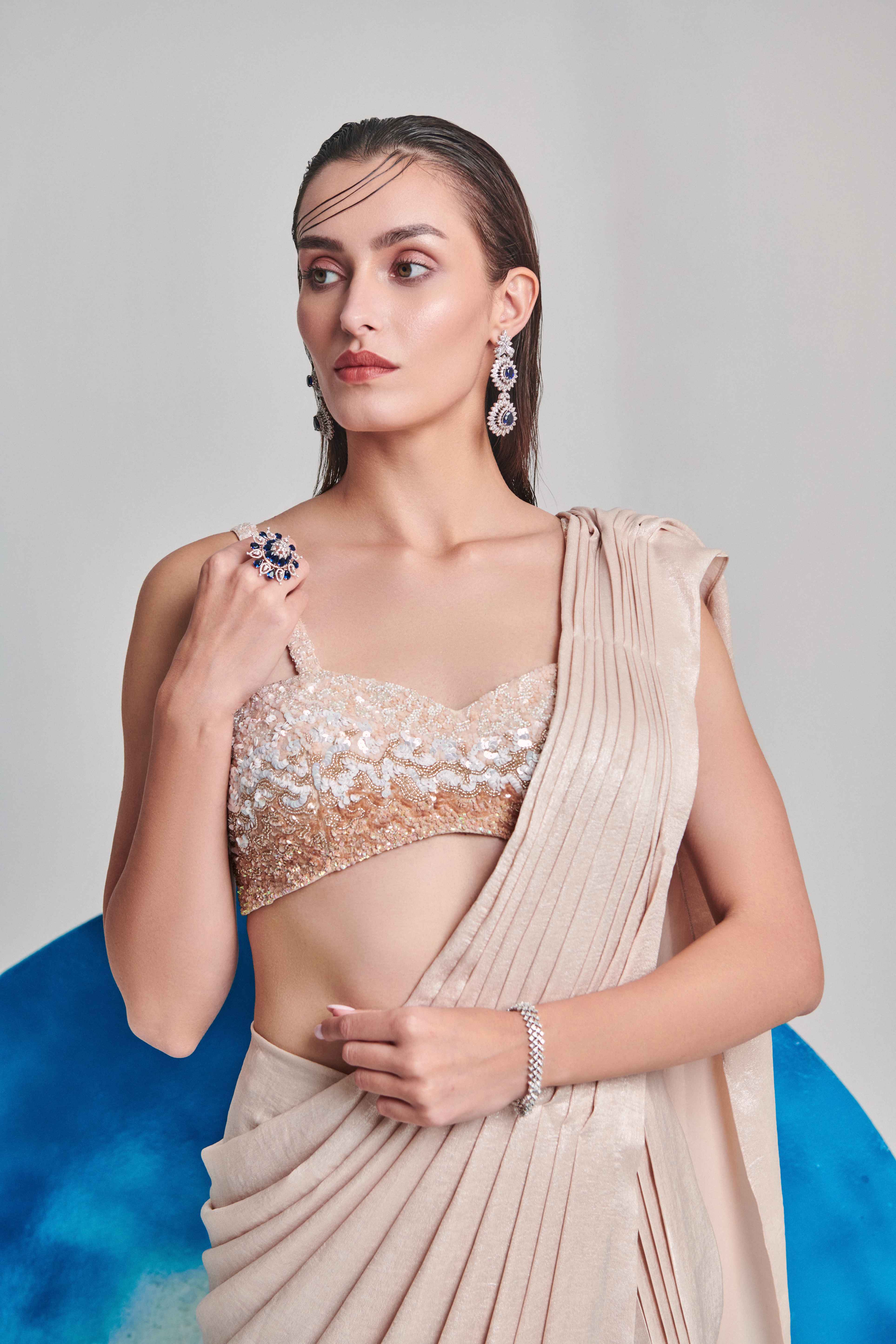 Ivory Metallic Foil Hand Pleated Saree