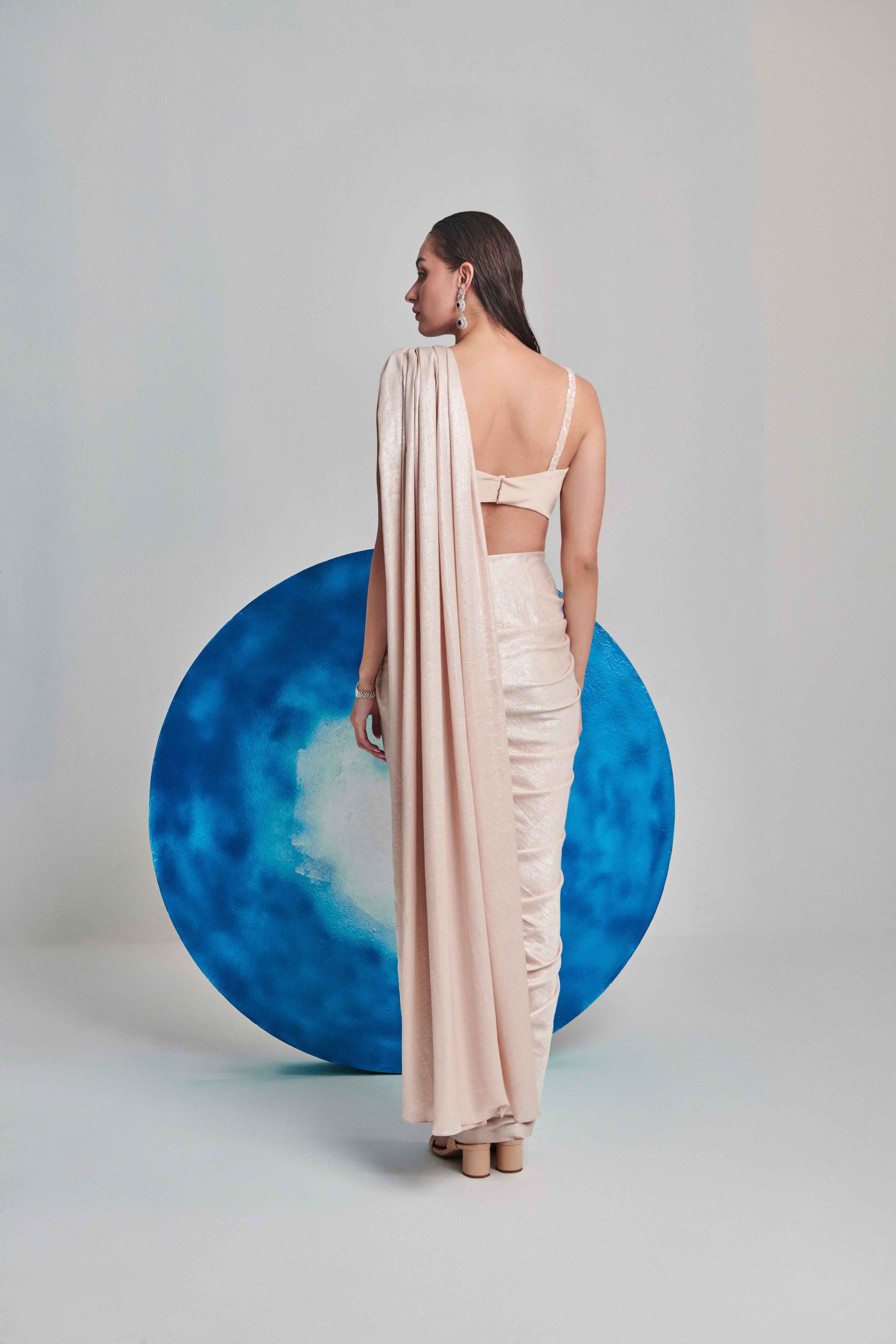 Ivory Metallic Foil Hand Pleated Saree