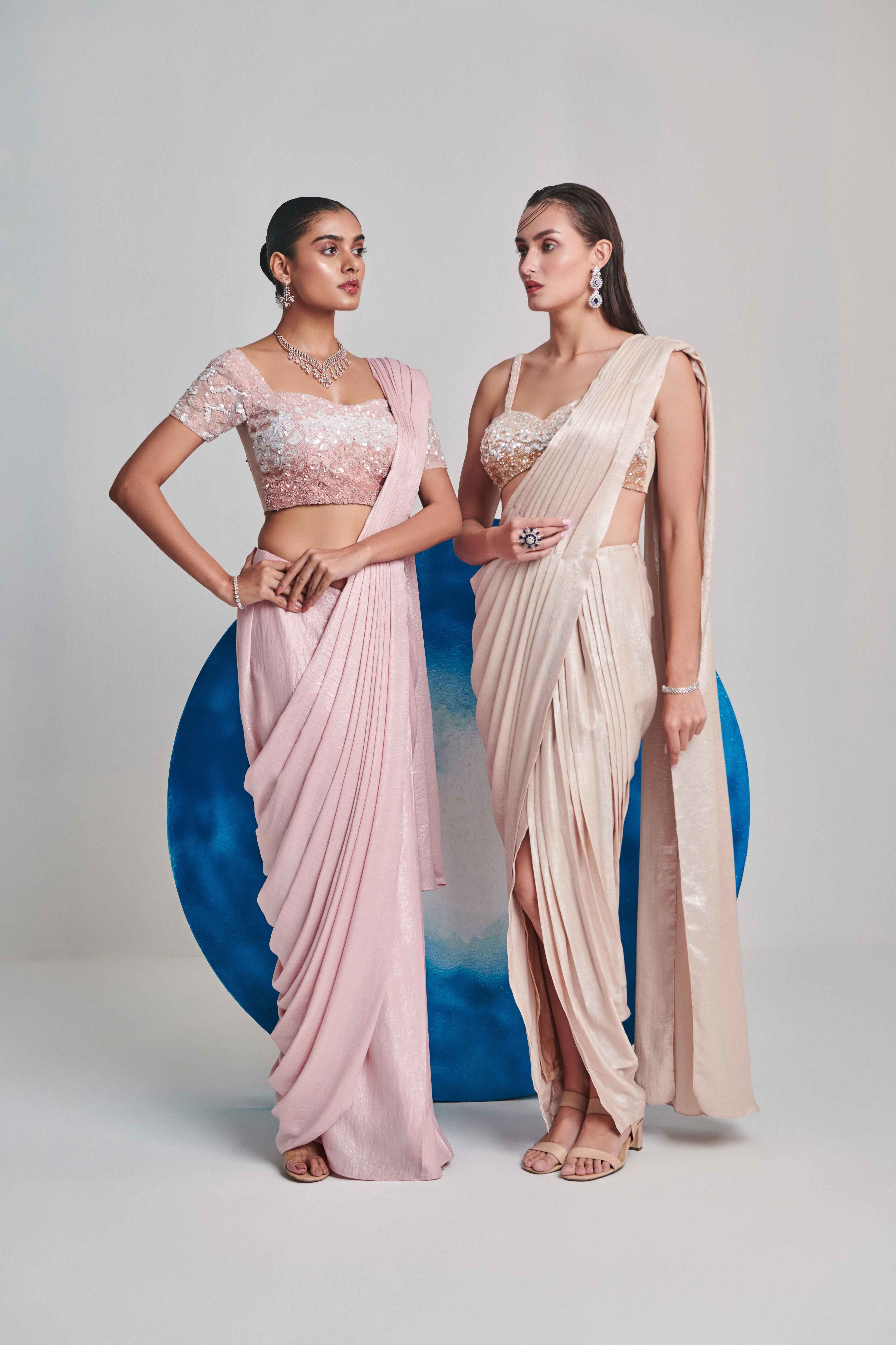 Ivory Metallic Foil Hand Pleated Saree