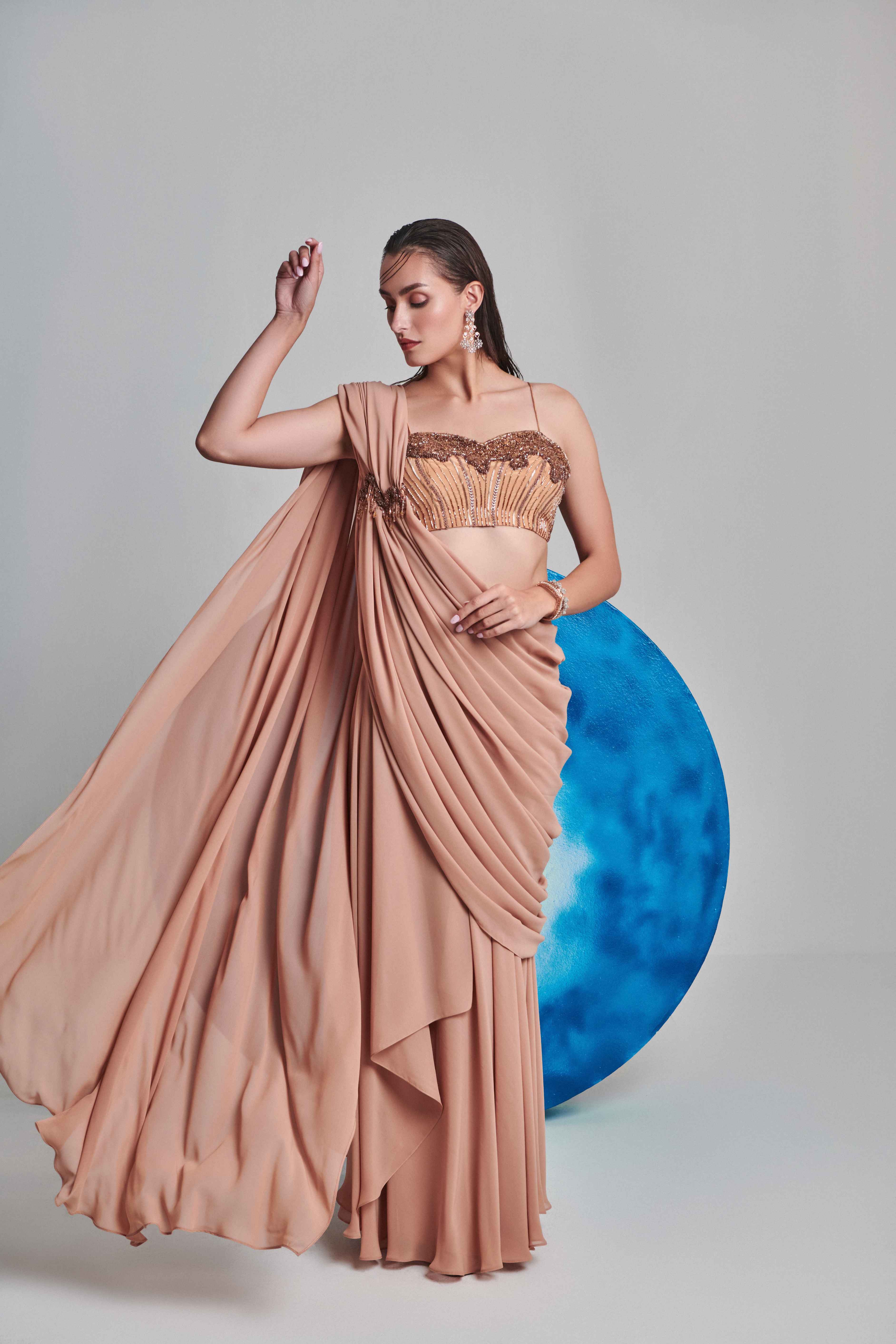 Beige Flared Pre Stitch Drape Saree