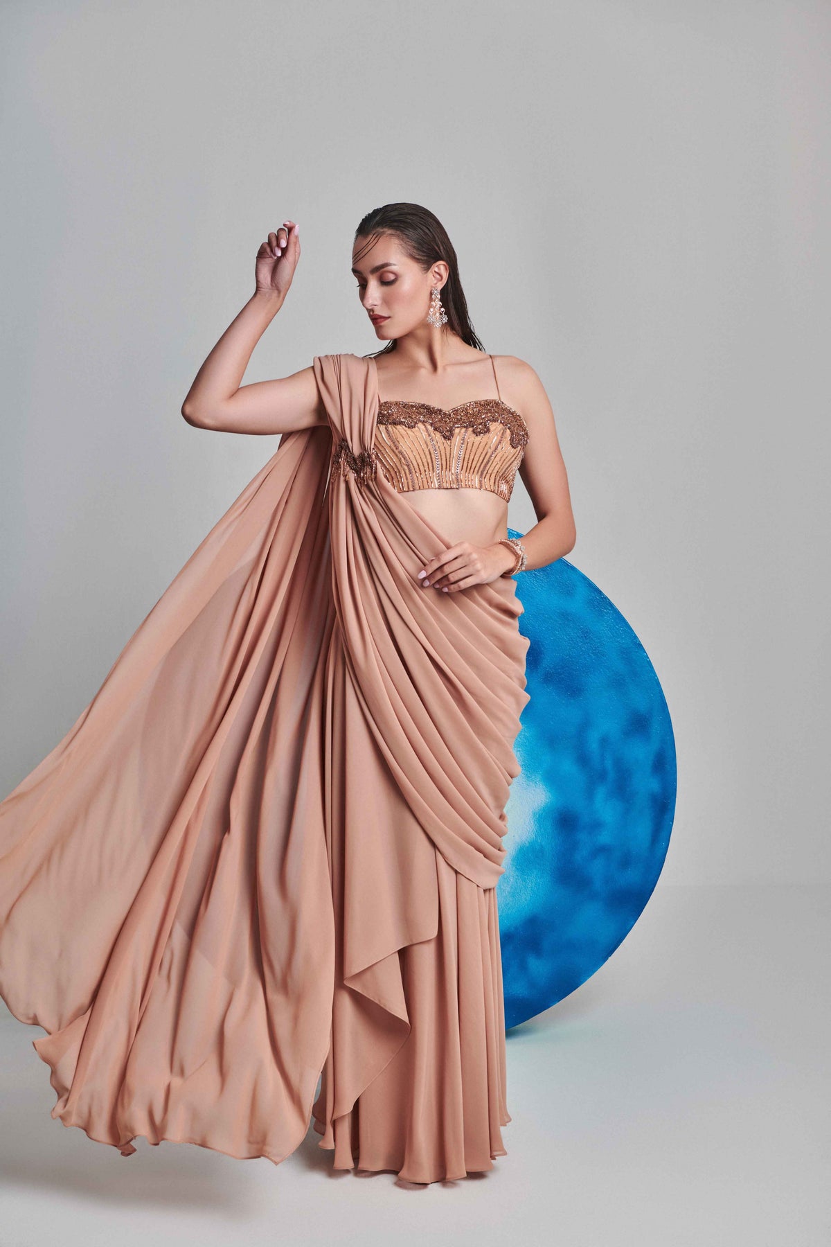 Beige Flared Pre Stitch Drape Saree