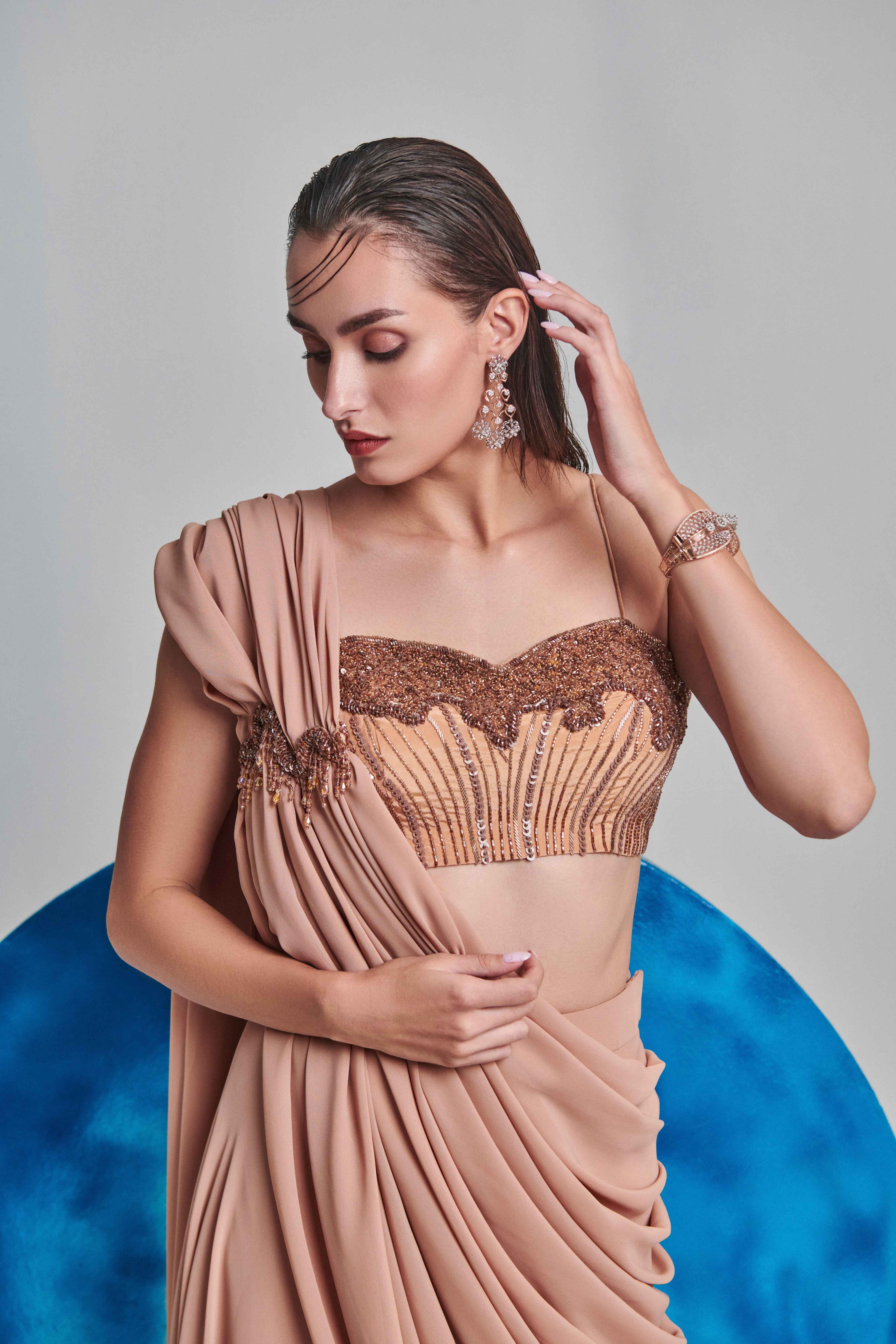 Beige Flared Pre Stitch Drape Saree