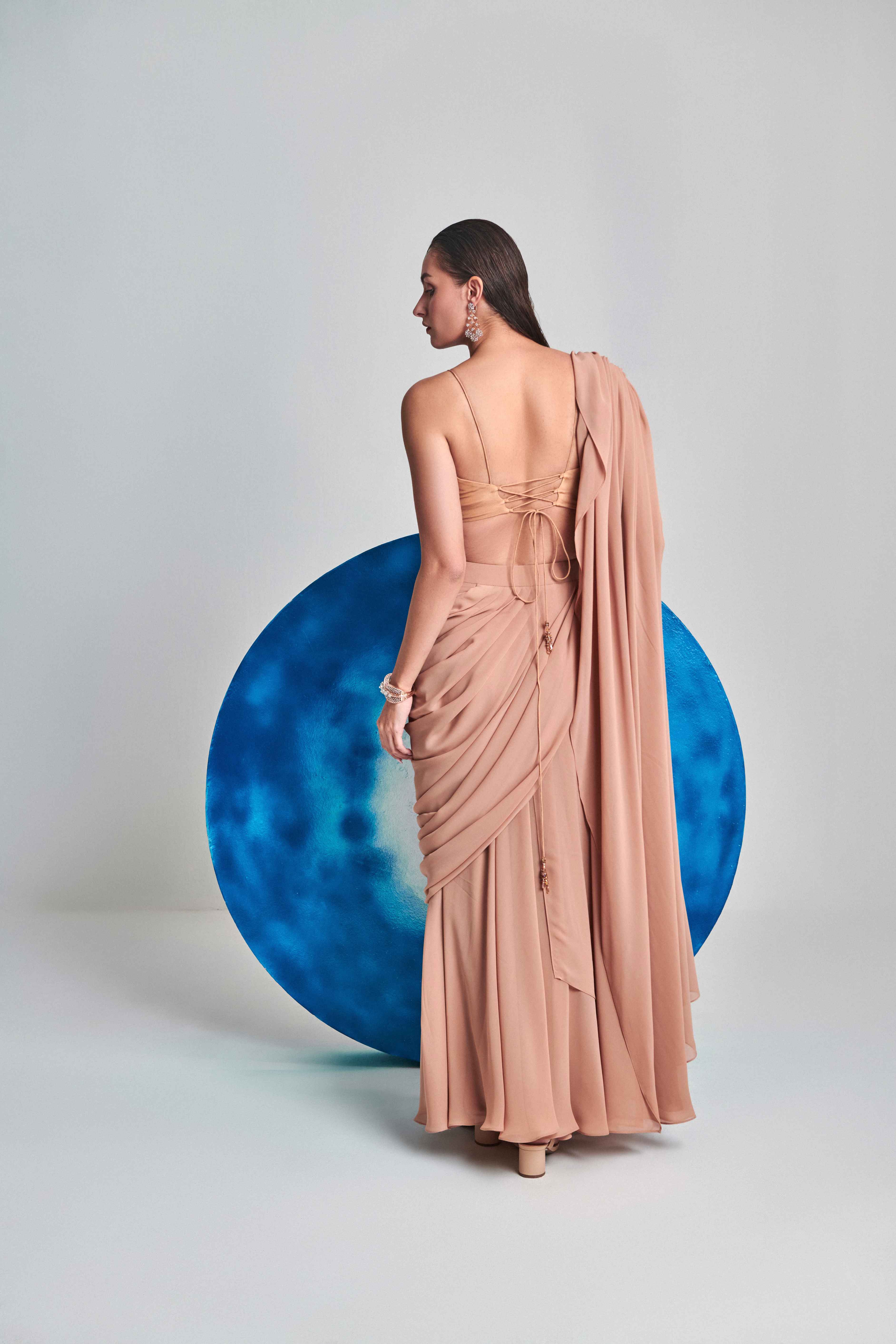 Beige Flared Pre Stitch Drape Saree