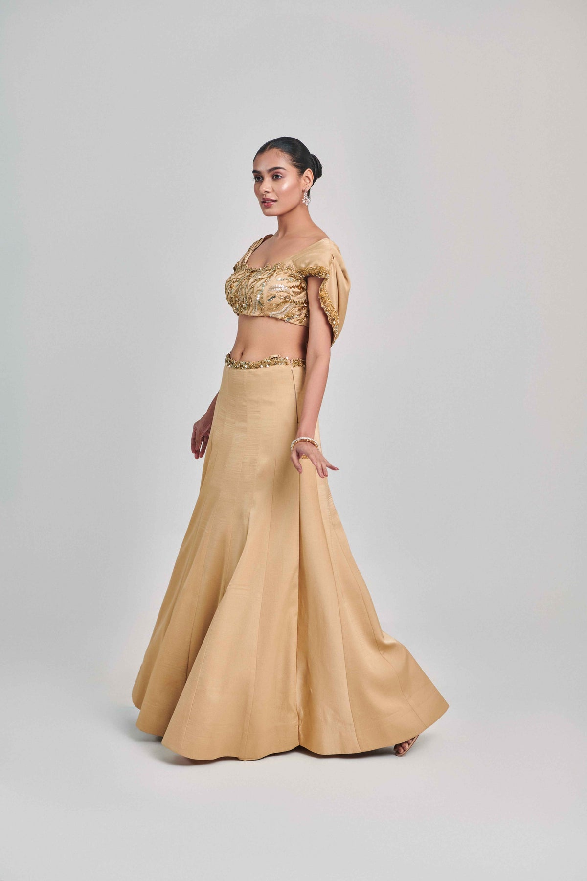Golden Cowl Sleeves And Cutwork Blouse Kalidar Skirt Set
