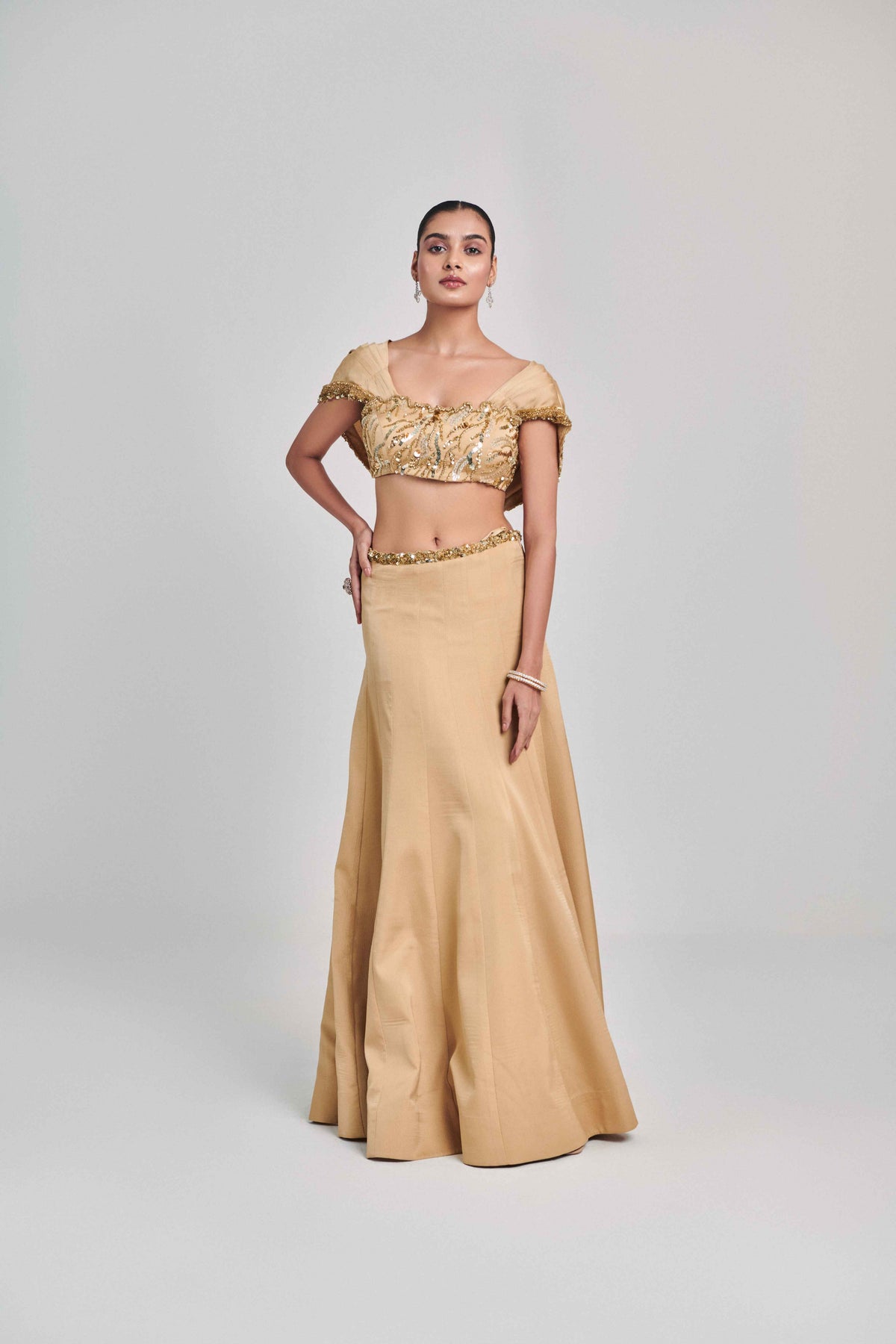 Golden Cowl Sleeves And Cutwork Blouse Kalidar Skirt Set