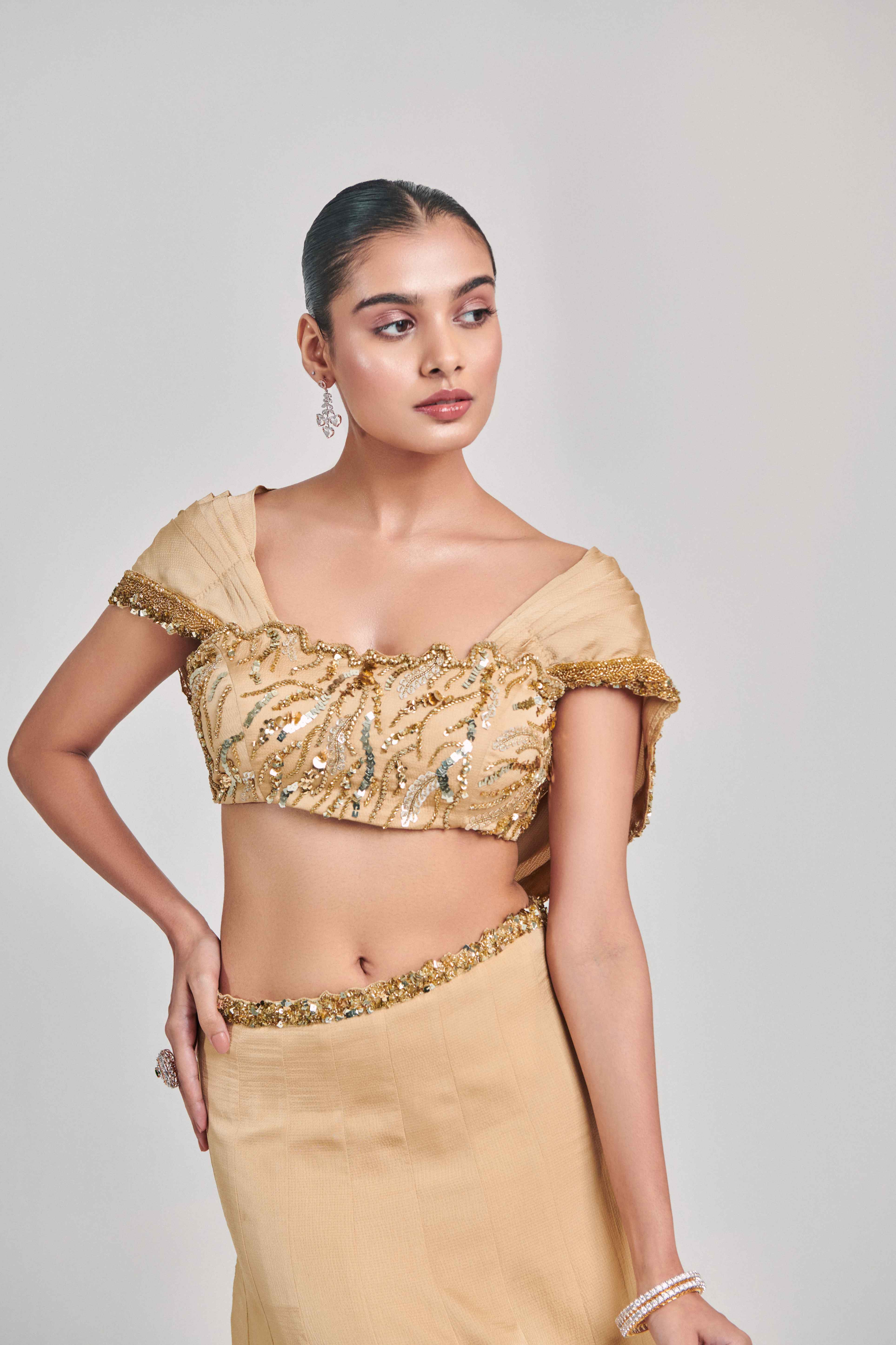 Golden Cowl Sleeves And Cutwork Blouse Kalidar Skirt Set