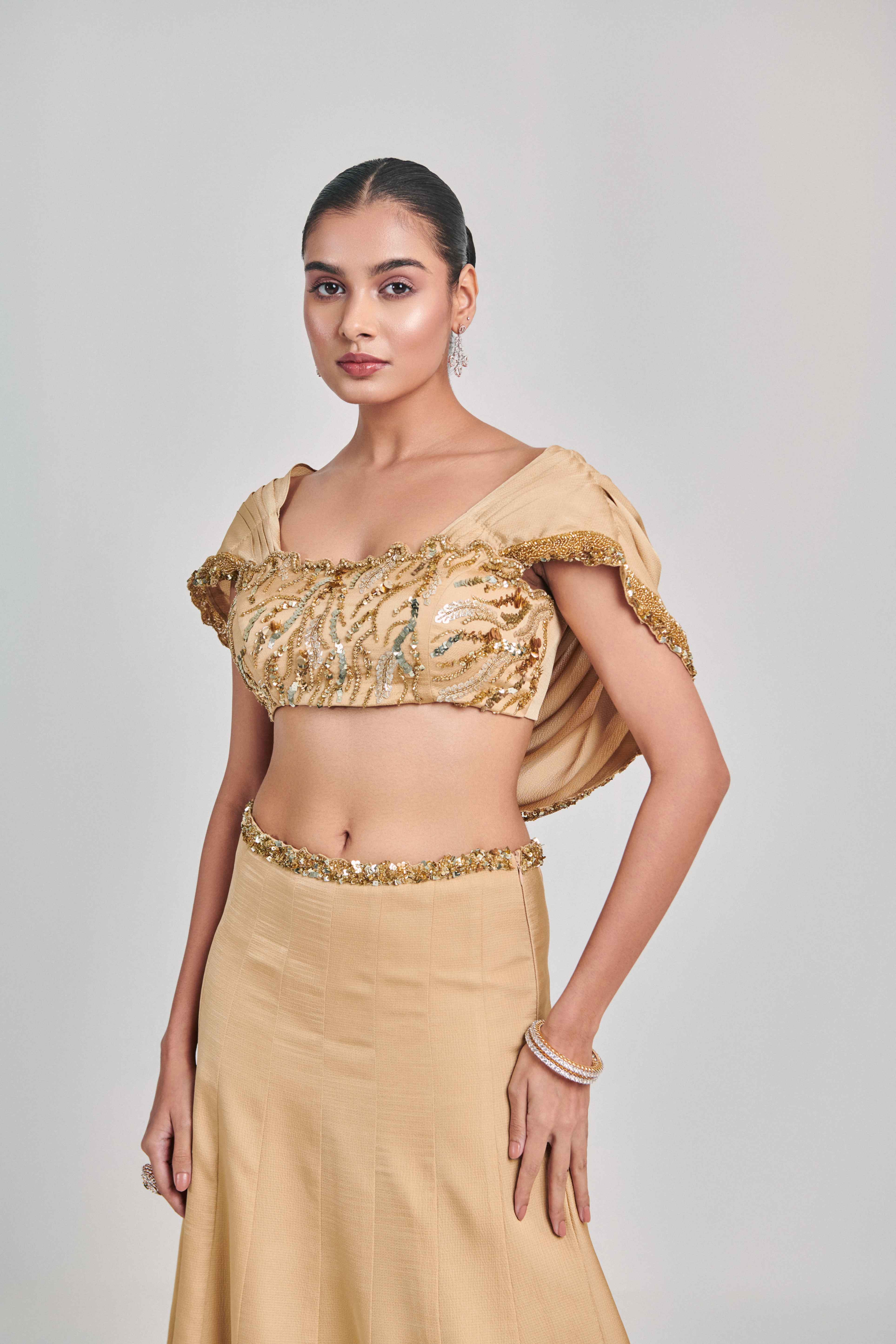 Golden Cowl Sleeves And Cutwork Blouse Kalidar Skirt Set
