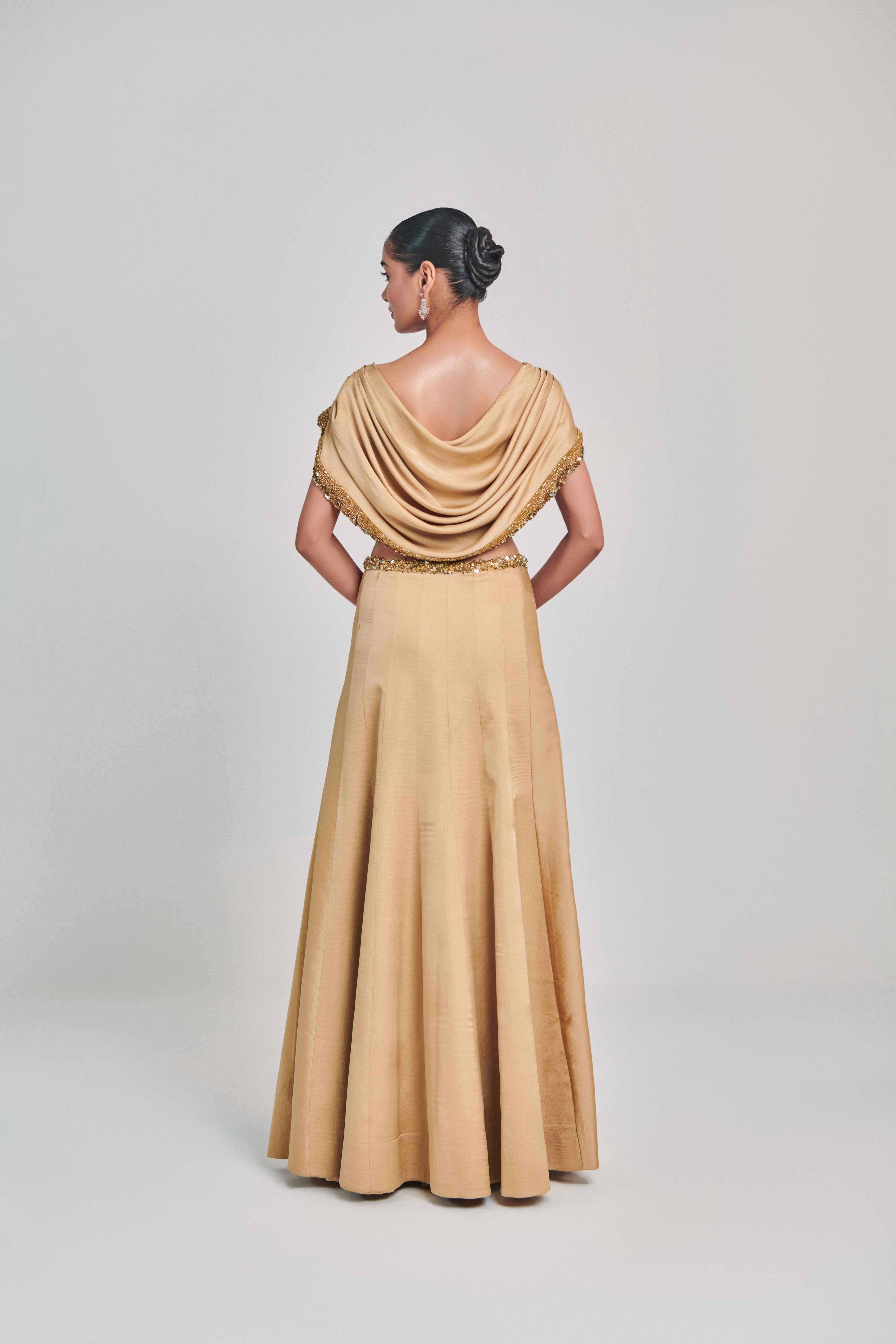 Golden Cowl Sleeves And Cutwork Blouse Kalidar Skirt Set