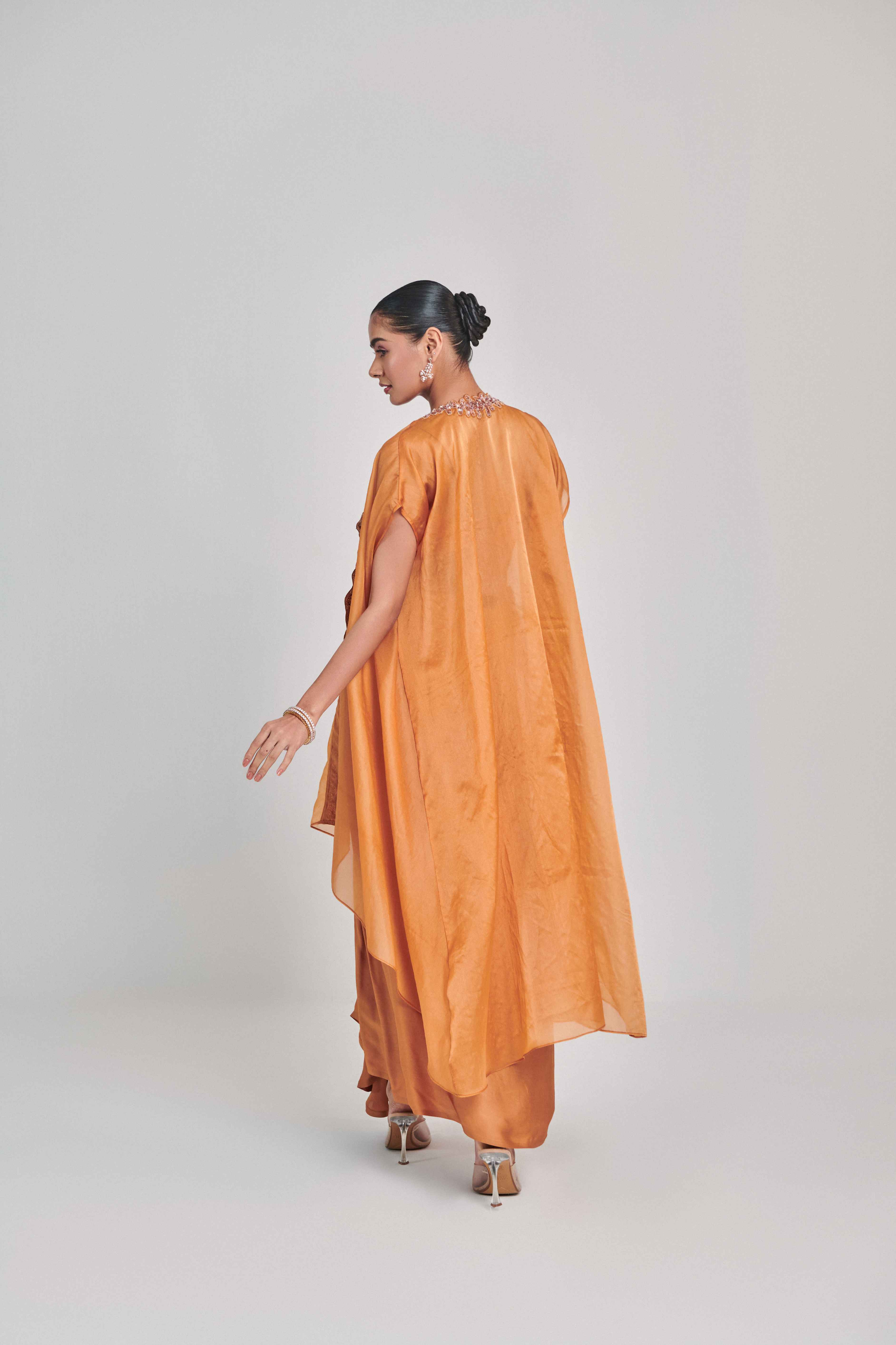 Mustard Cutowork Cape Skirt Set