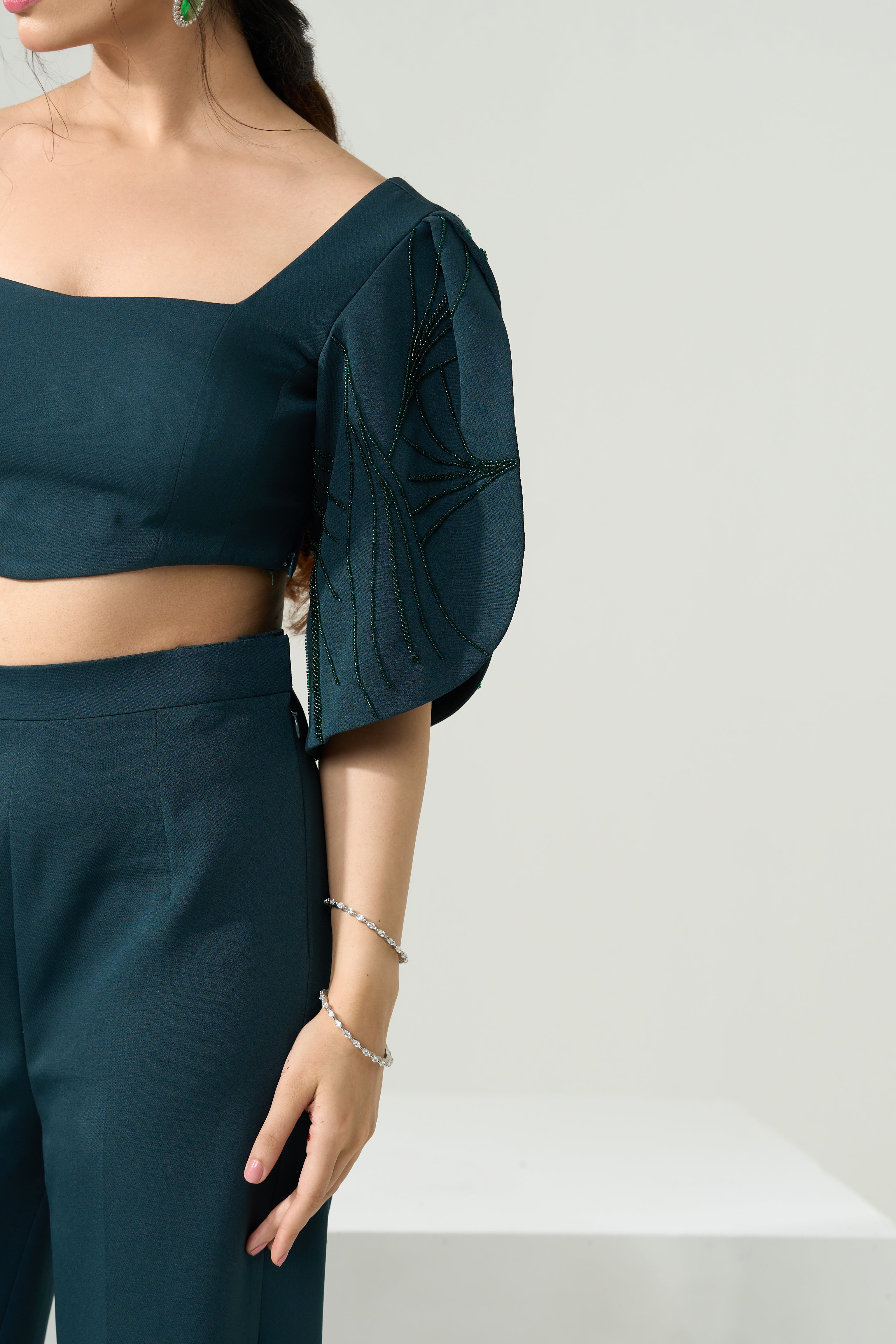 Dark Green Crop Top Leaf Style Sleeve
