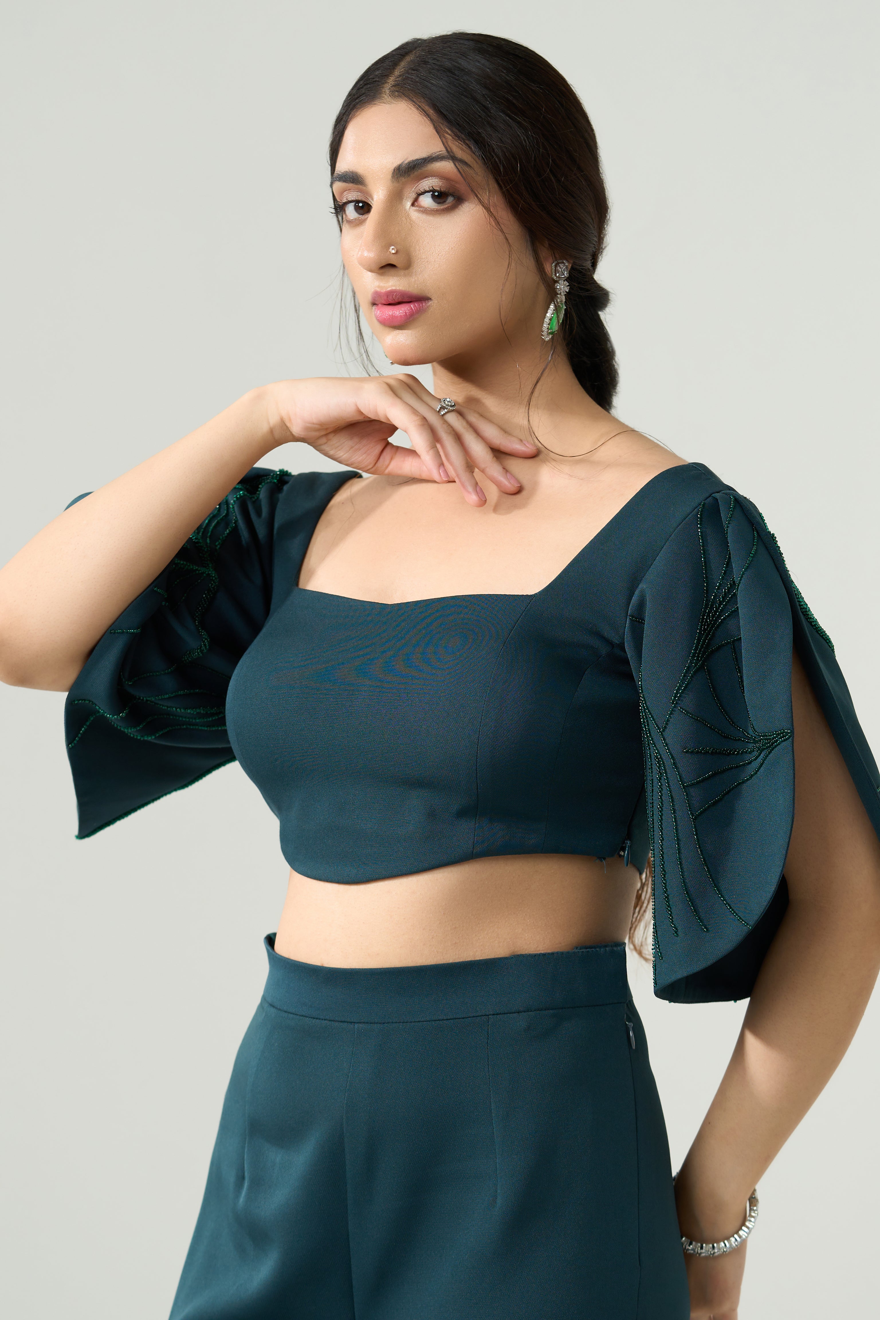 Dark Green Crop Top Leaf Style Sleeve