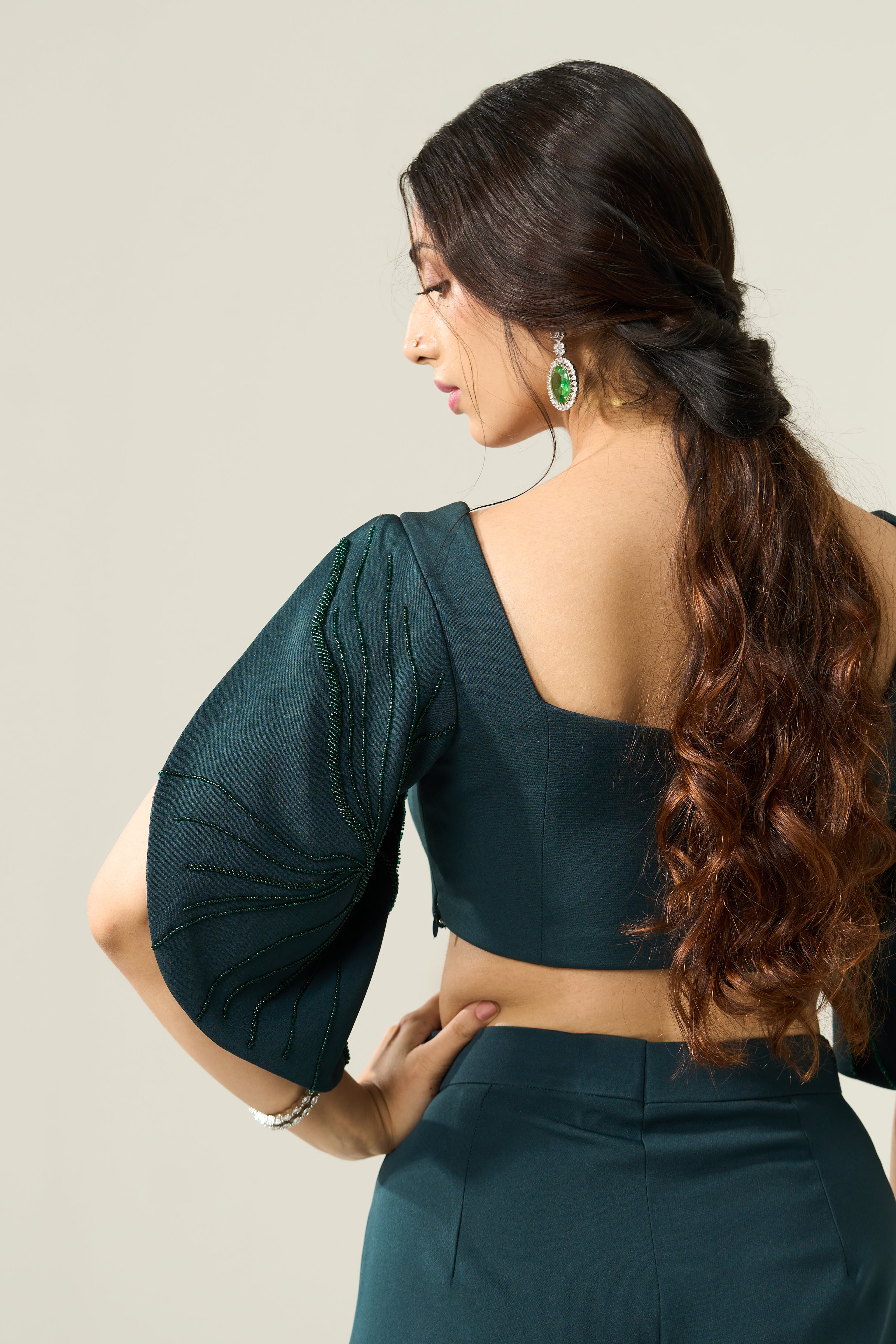 Dark Green Crop Top Leaf Style Sleeve