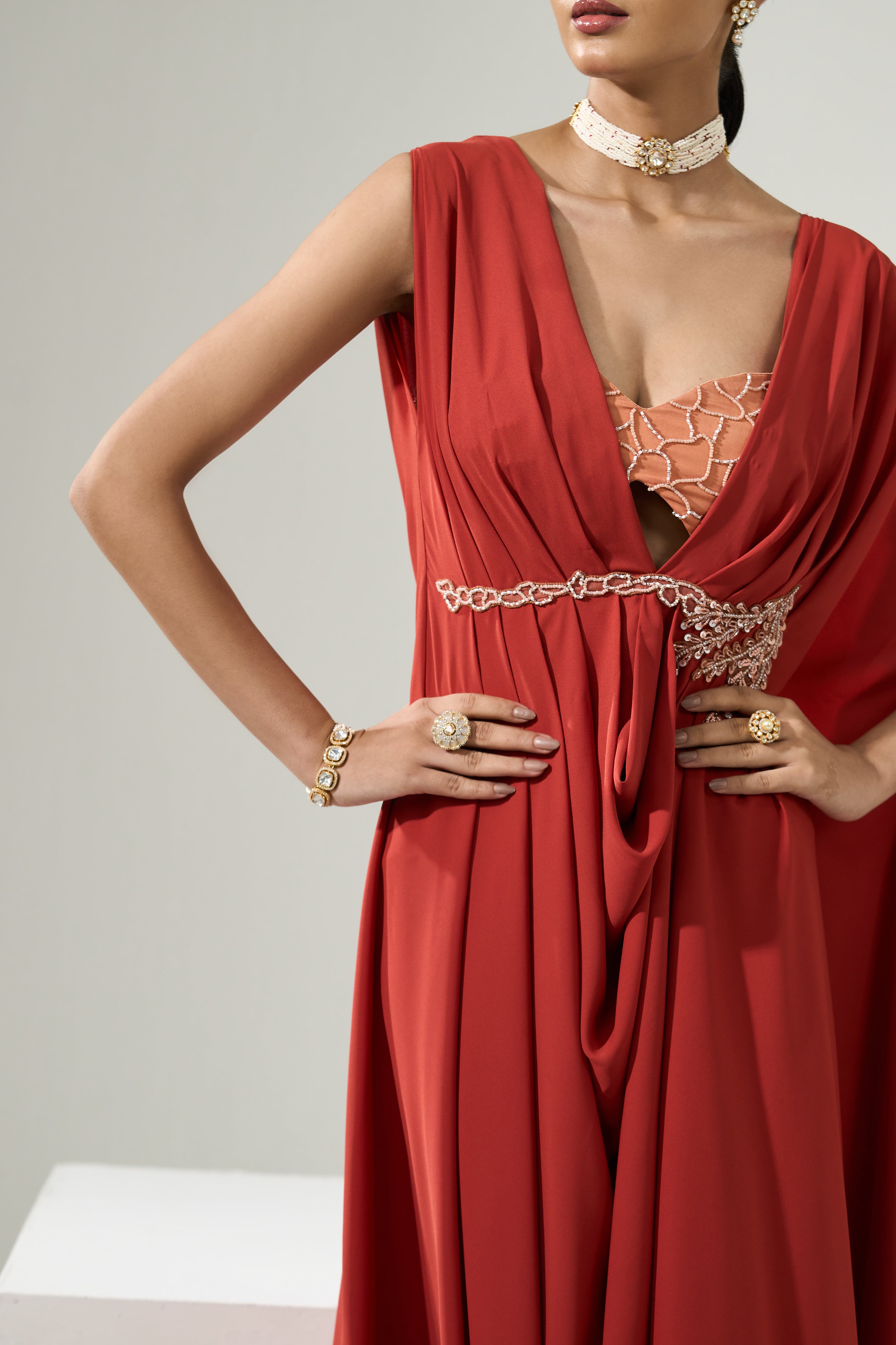 Rust Orange Drape Kaftan With Bustier