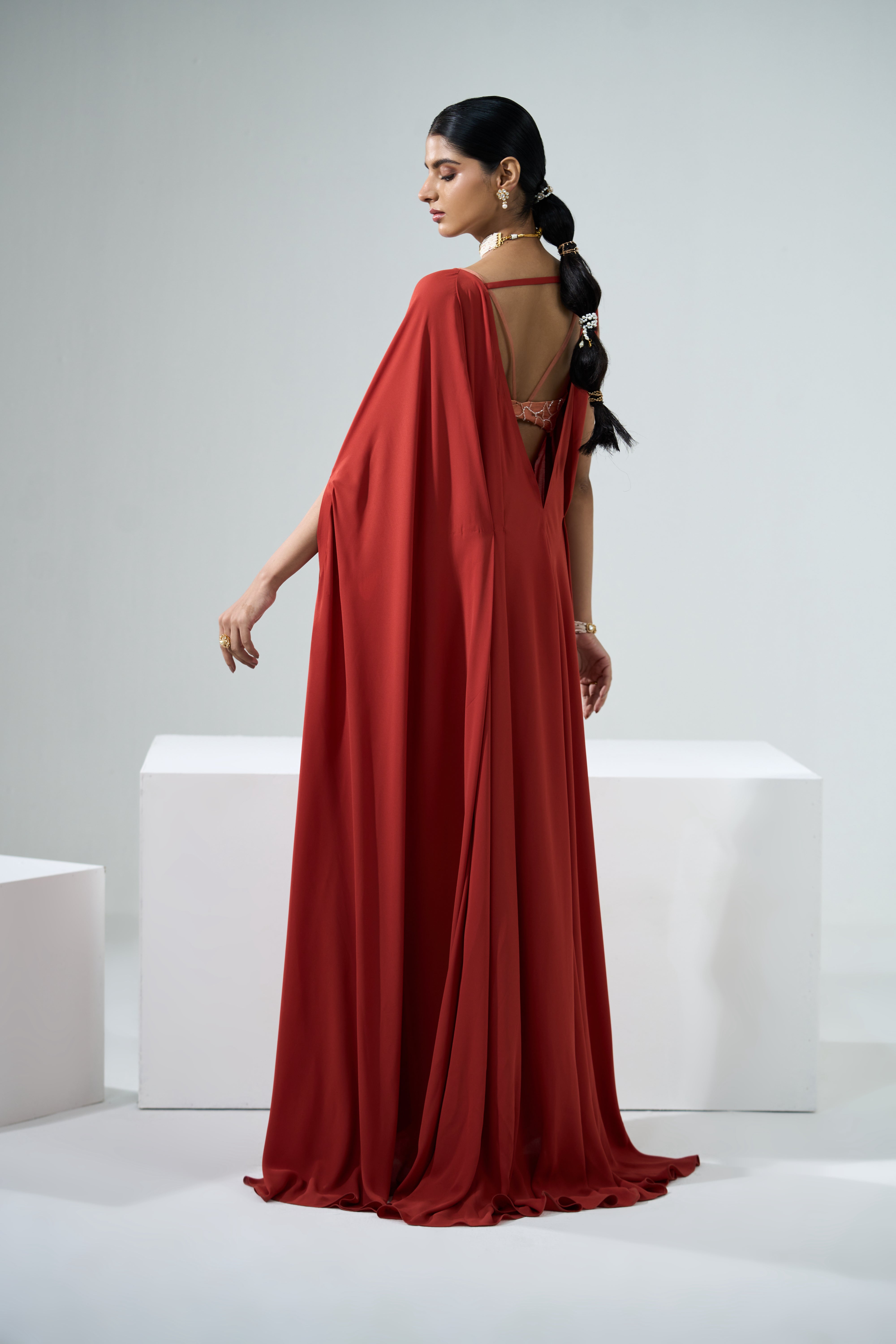 Rust Orange Drape Kaftan With Bustier