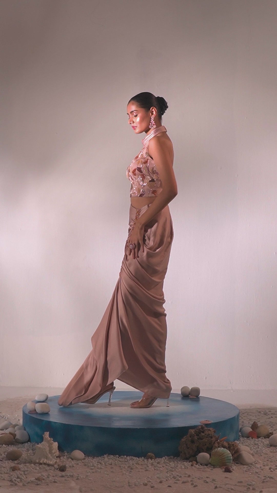 Nudish Pink Drape Skirt And Halter Neck Top Set