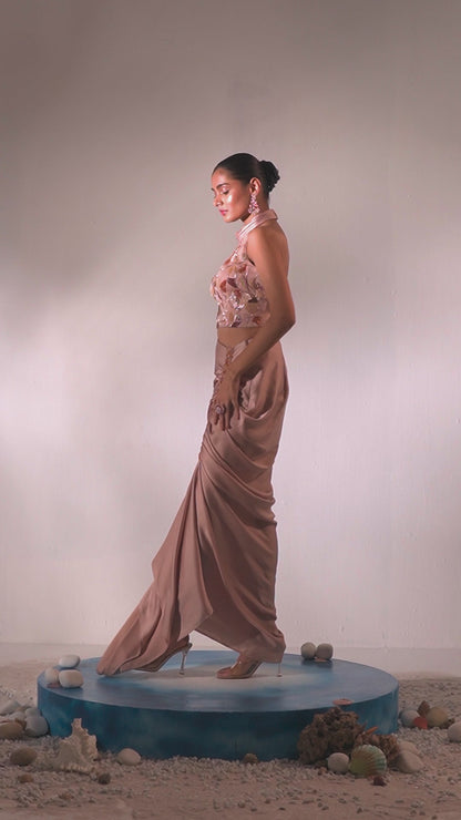 Nudish Pink Drape Skirt And Halter Neck Top Set