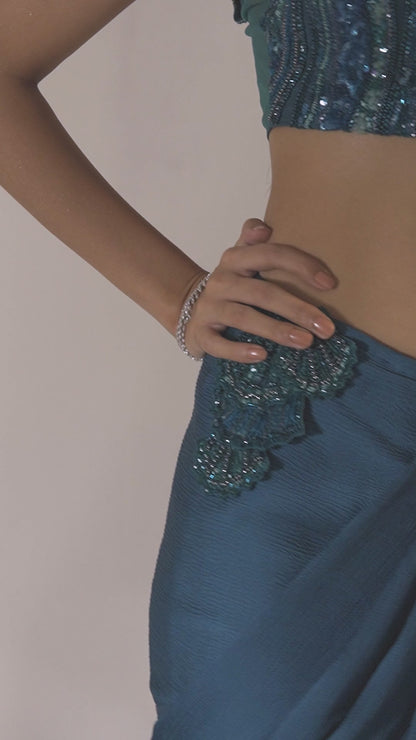 Teal Off Shoulder Pre-stitch Drape Saree Set