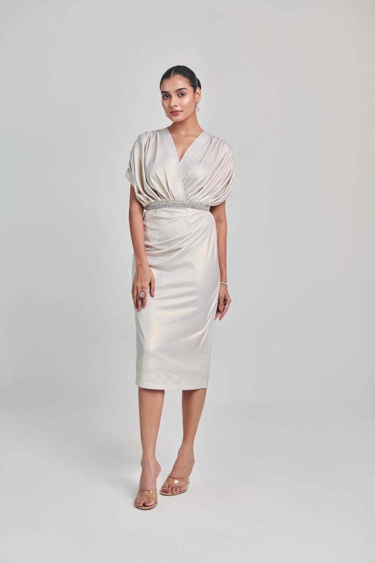 IVORY METALLIC DRAPE DRESS