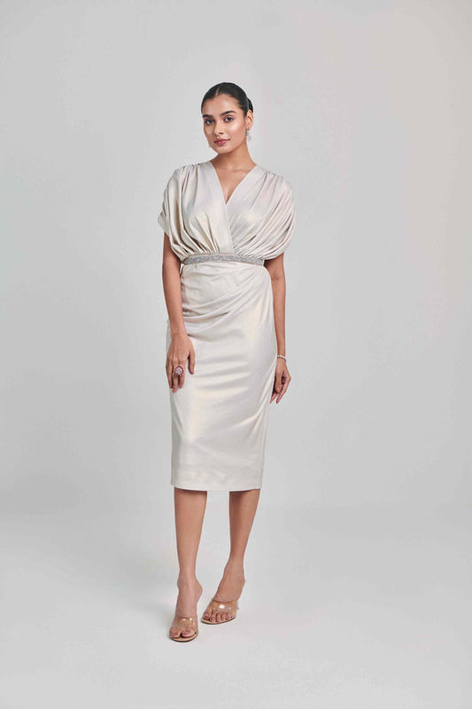 IVORY METALLIC DRAPE DRESS