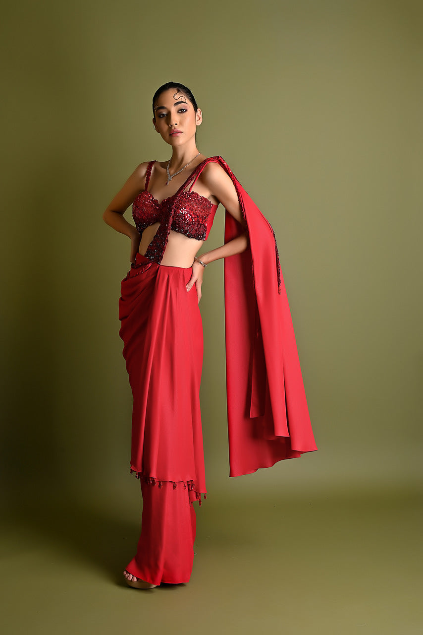 Ombre shaded Red Saree Set