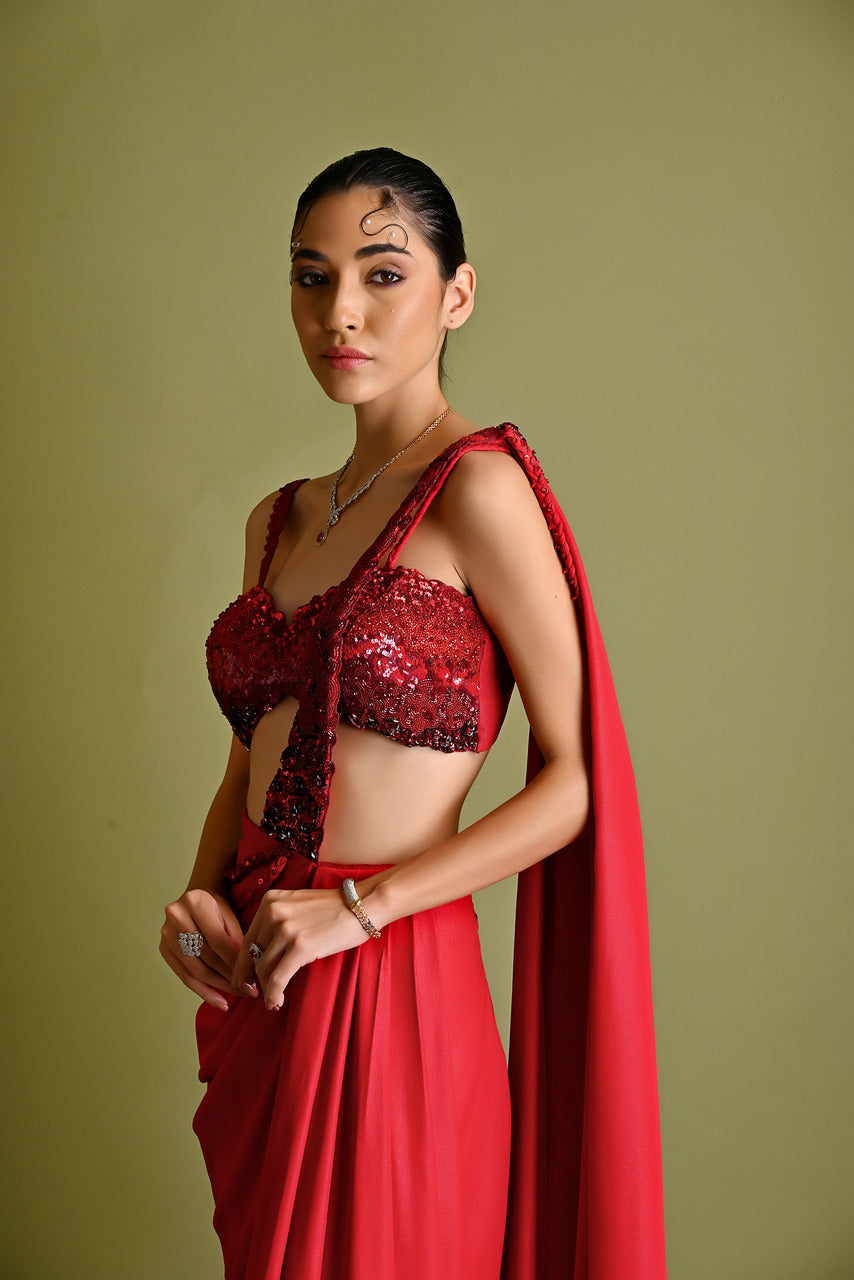 Ombre shaded Red Saree Set