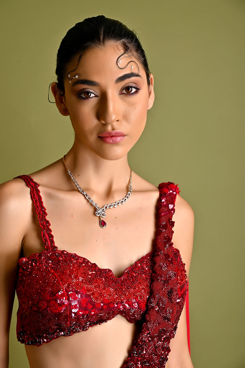 Ombre shaded Red Saree Set