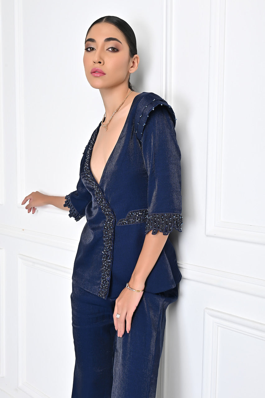 Navy Blue Metallic Blazer Set