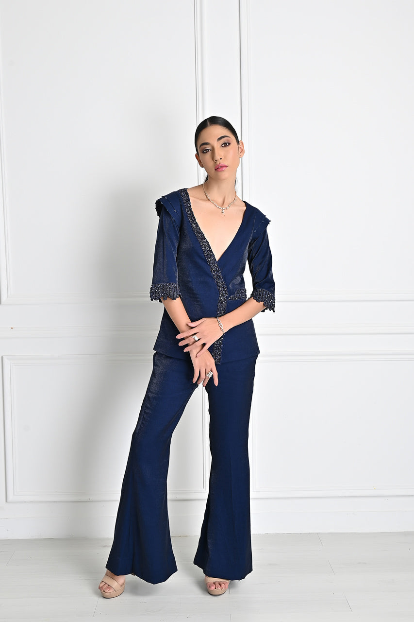 Navy Blue Metallic Blazer Set