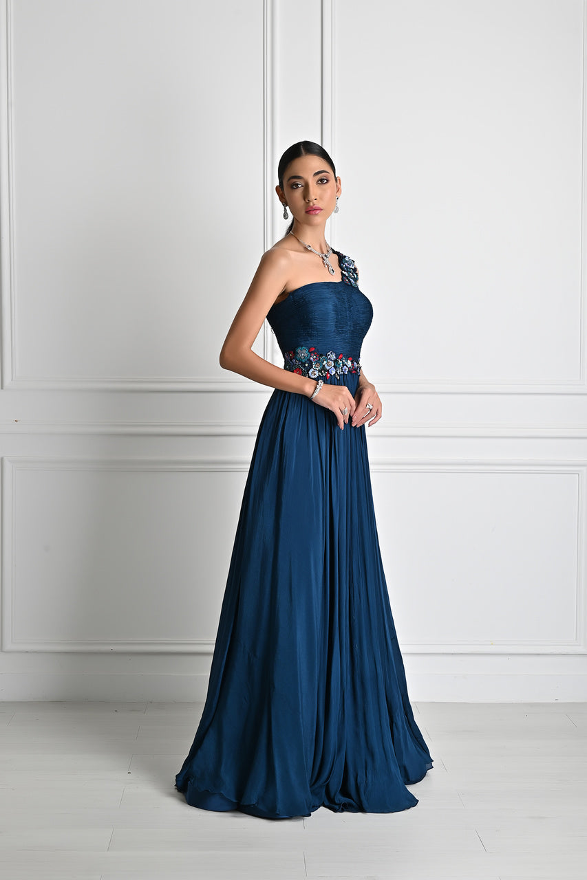 Teal flower applique gown