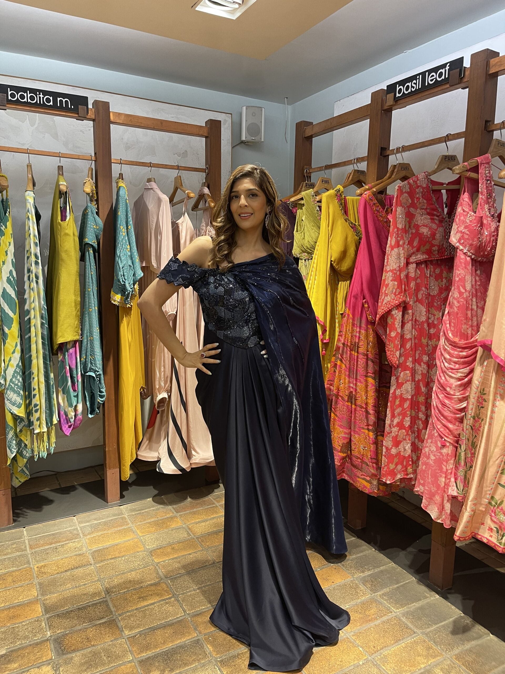 Mallika in Midnight Blue drape gown with detachable palla