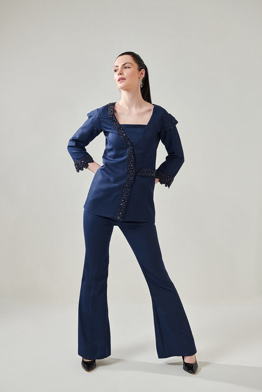 Navy Blue Embellished Blazer Set