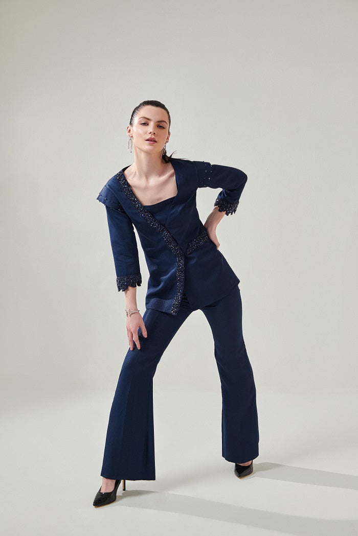 Navy Blue Embellished Blazer Set