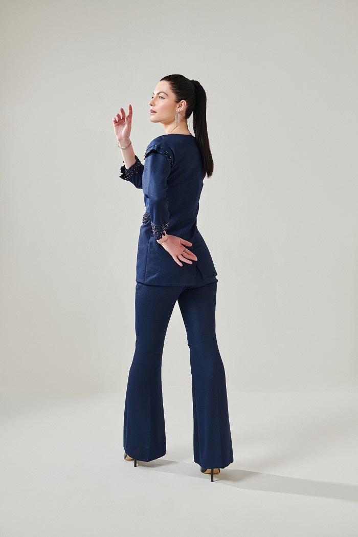 Navy Blue Embellished Blazer Set