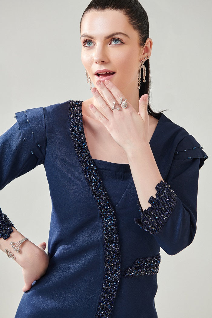 Navy Blue Embellished Blazer Set