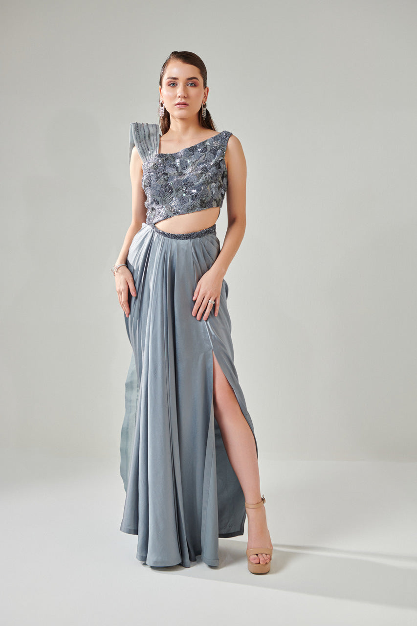 Ash grey draped saree gown