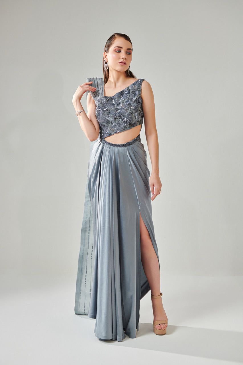 Ash grey draped saree gown