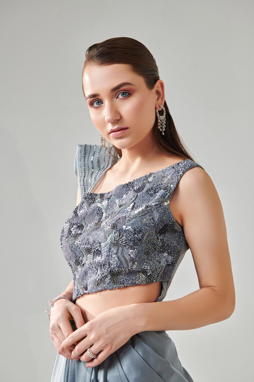 Ash grey draped saree gown