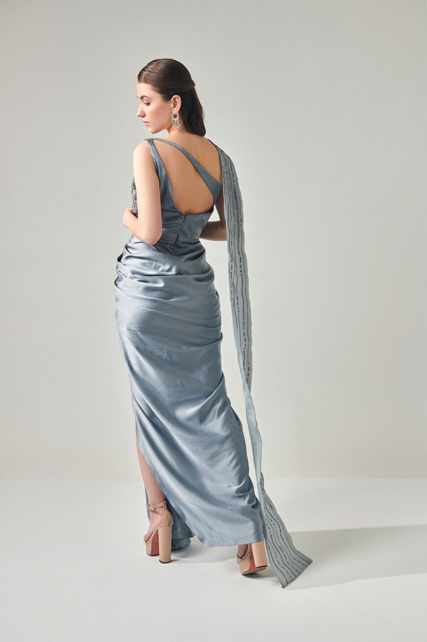 Ash grey draped saree gown