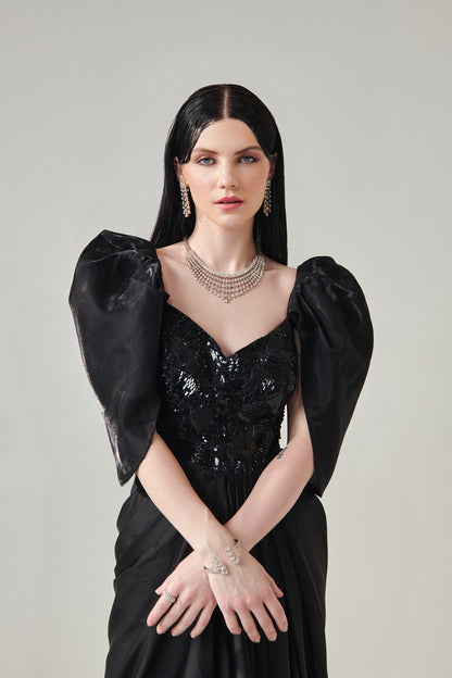 Avantika in Queen Sleeves drape gown with slit