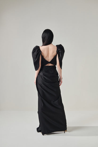 Avantika in Queen Sleeves drape gown with slit